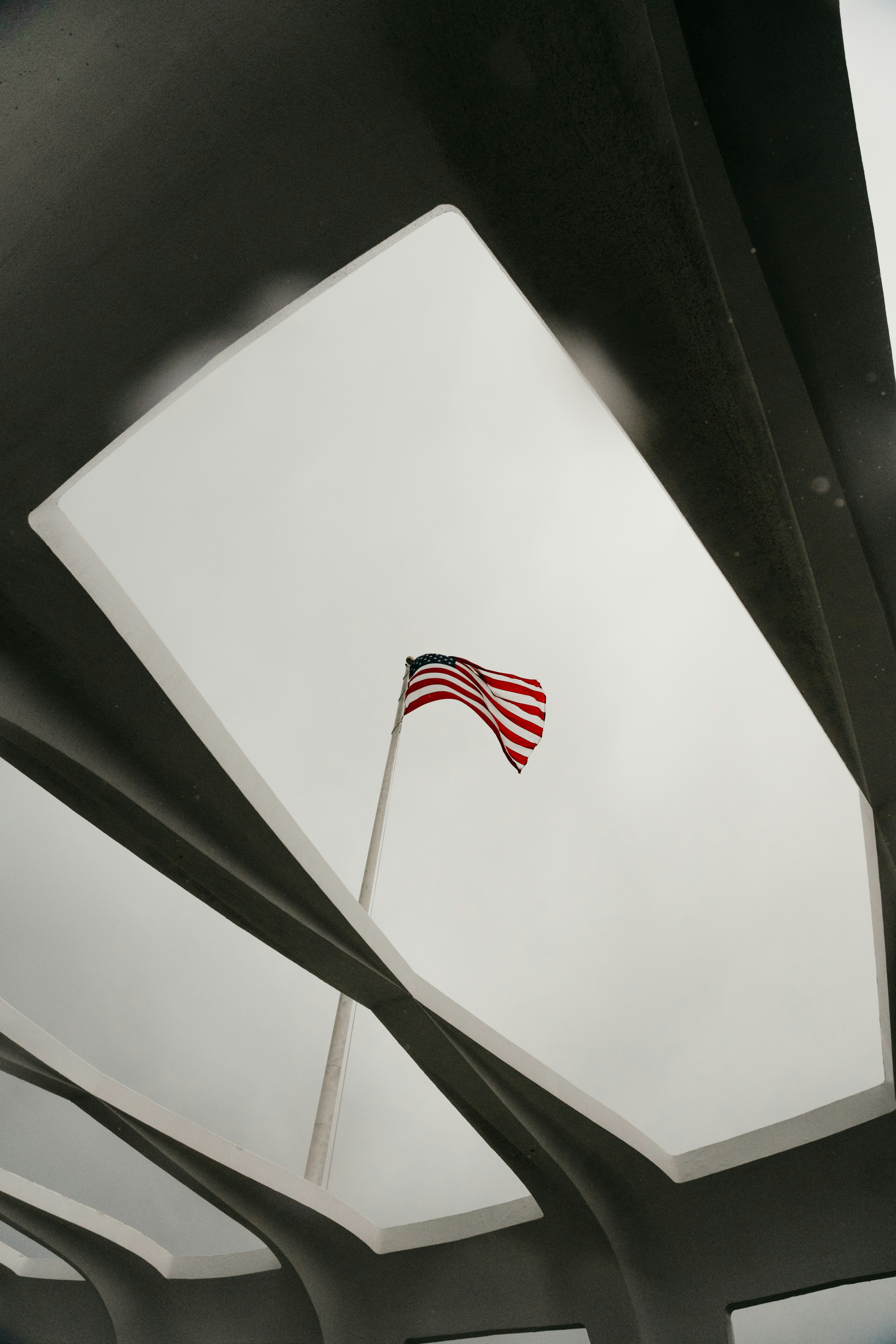 American flag flying against a cloudy sky