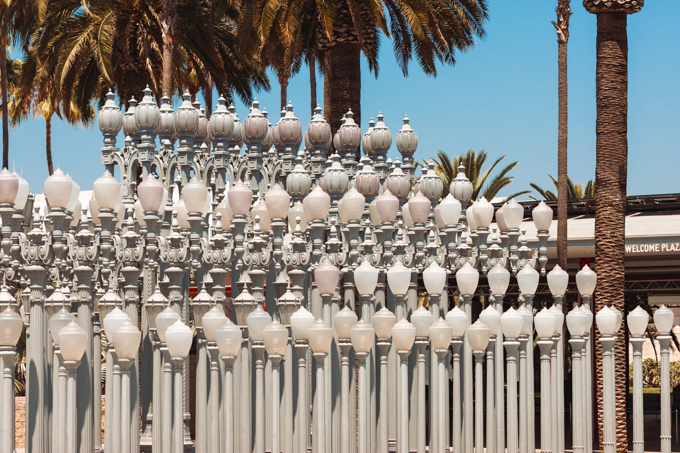 Rows of vintage streetlamps with palm trees behind