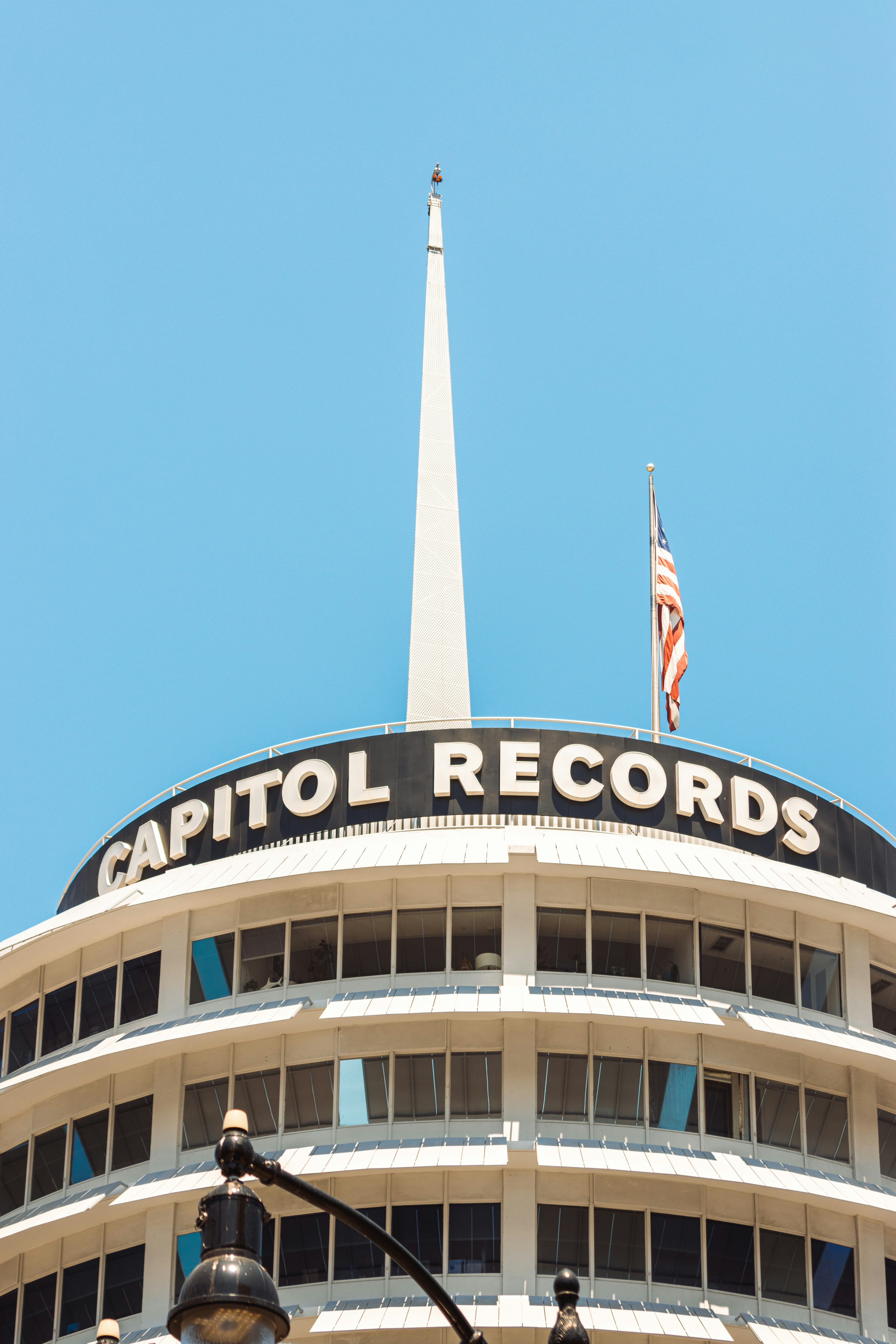 Capitol records building with american flag