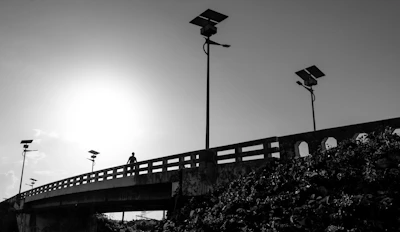 A person stands on a bridge with solar-powered lights.