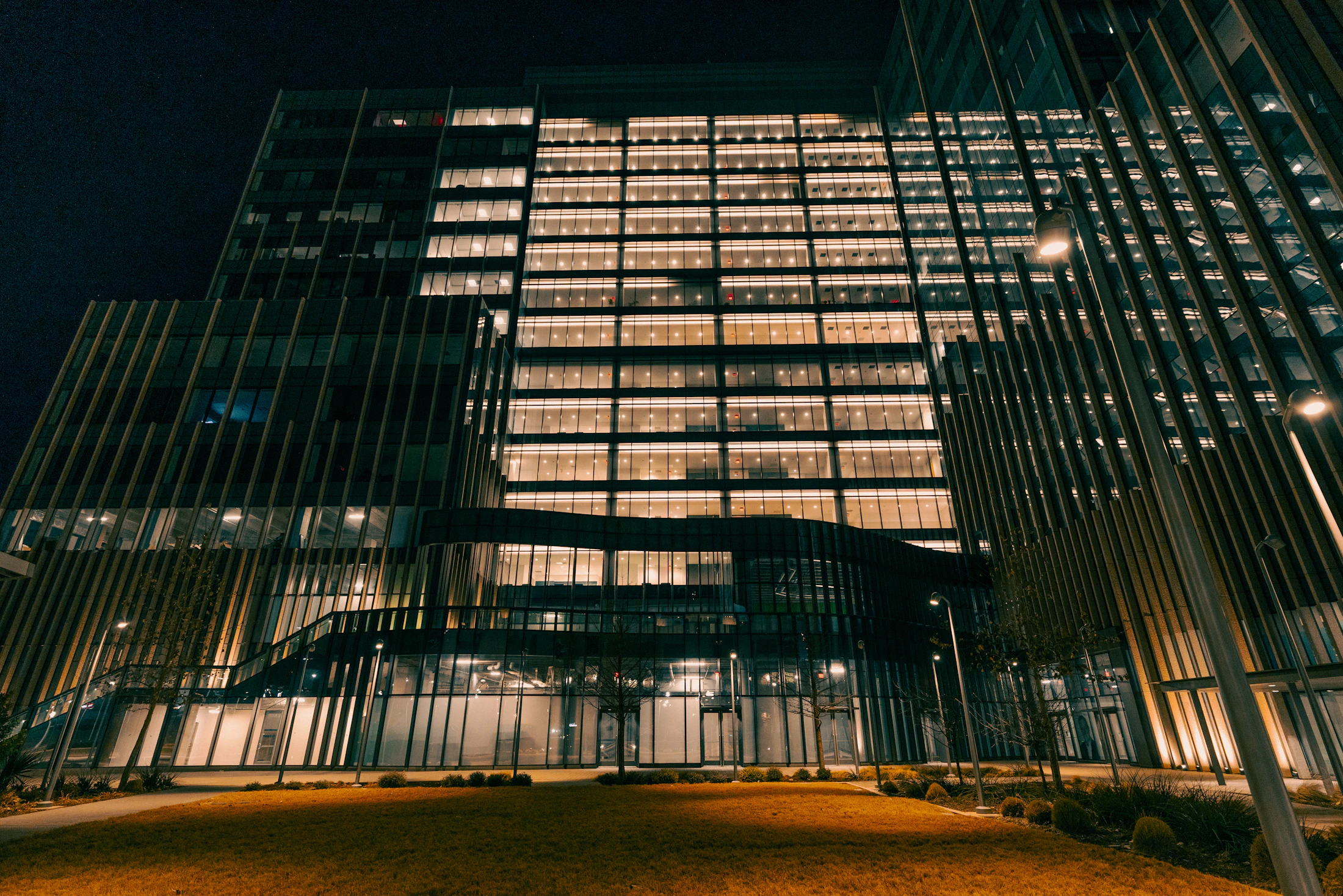 Modern commercial architecture after dark
