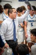 Coach instructing basketball players during a game