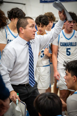 Coach instructing basketball players during a game