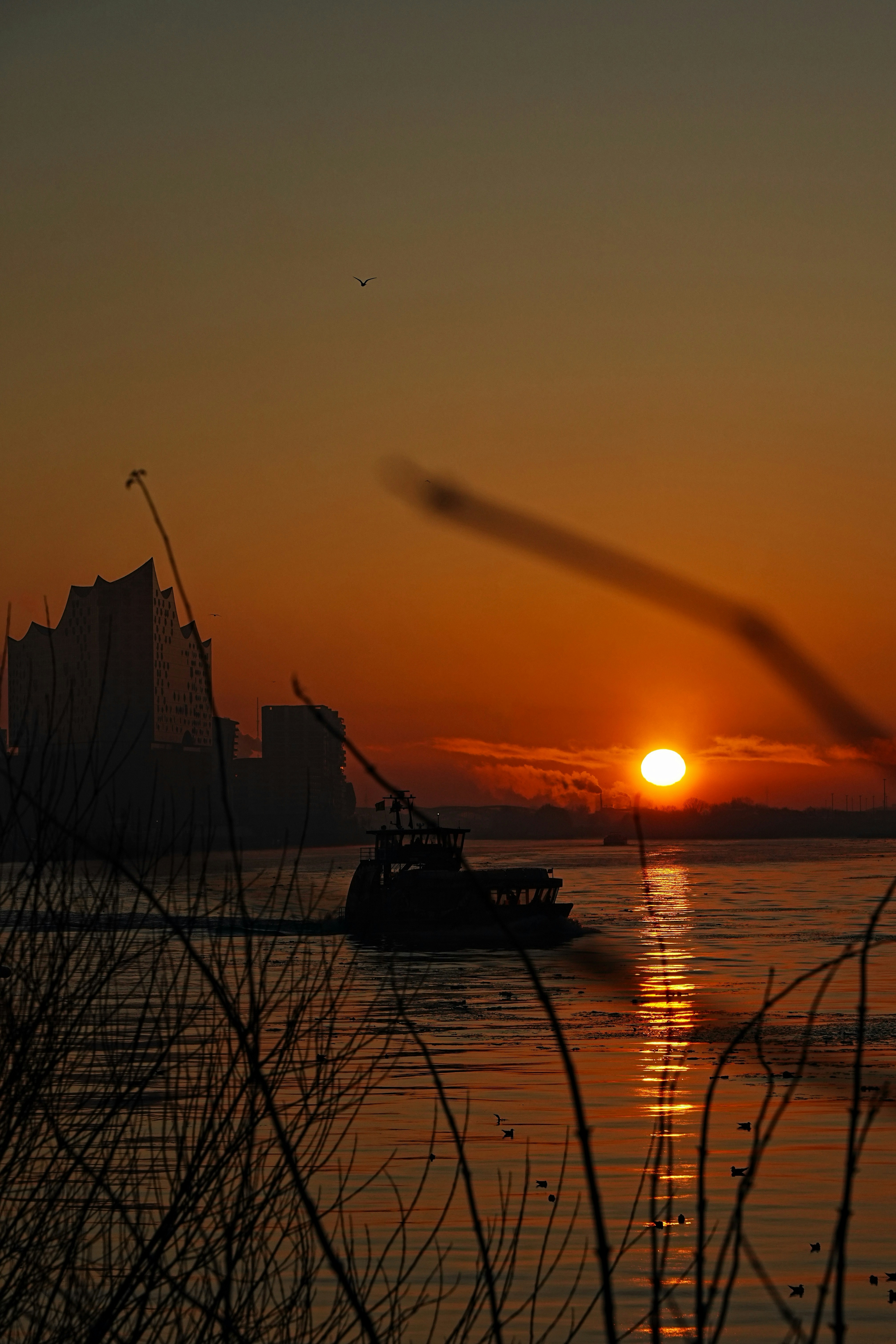 Boat sailing on water during sunset with city skyline.