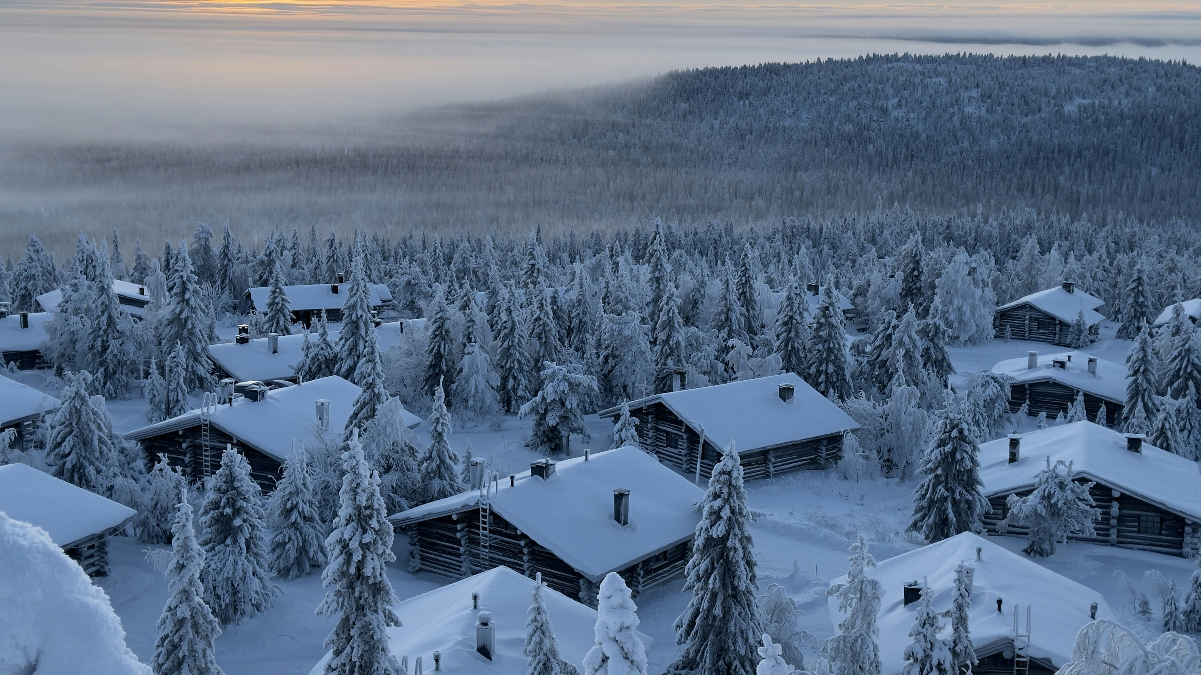 Snow-covered village nestled in a winter forest