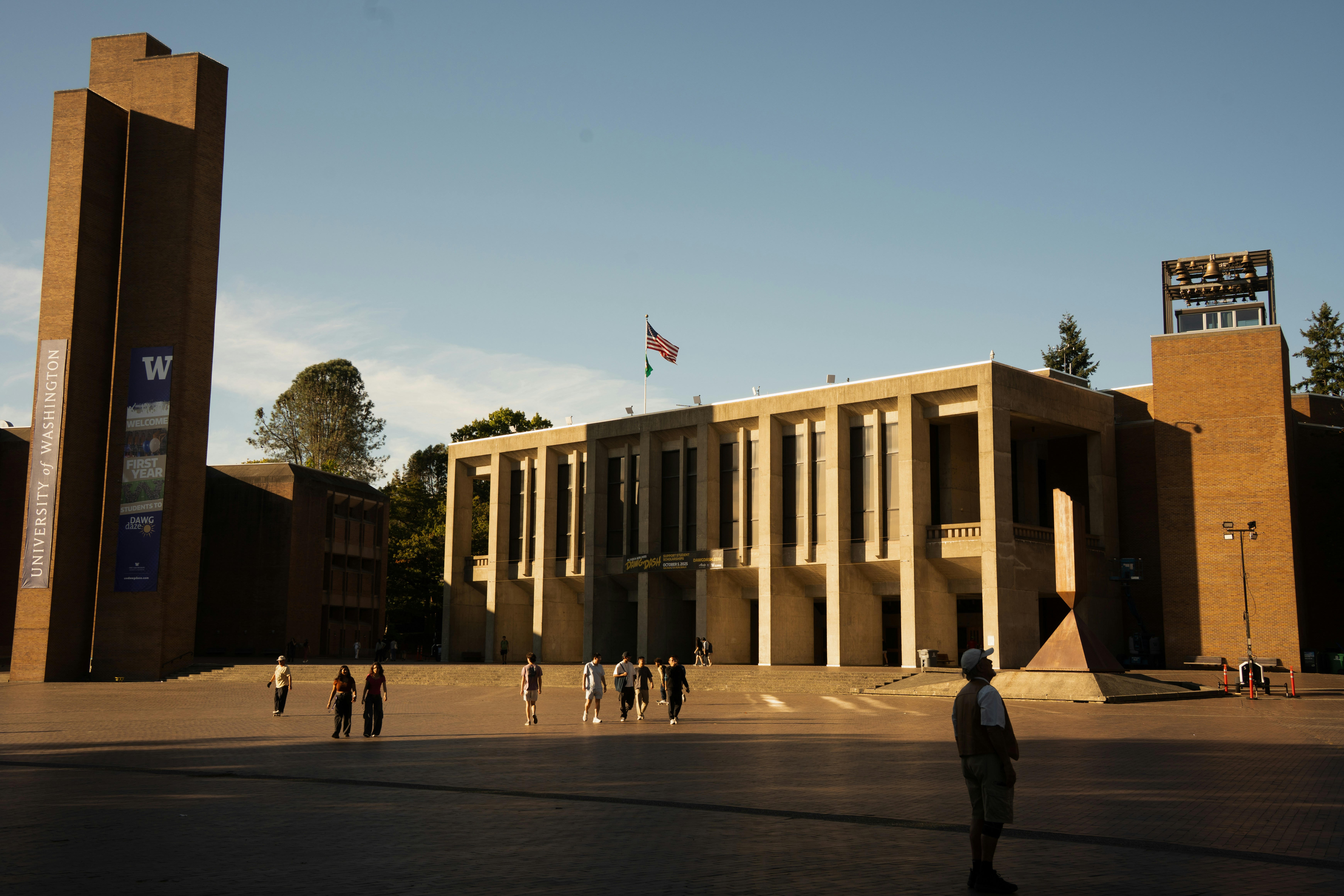 Modern building with columns and a tall tower
