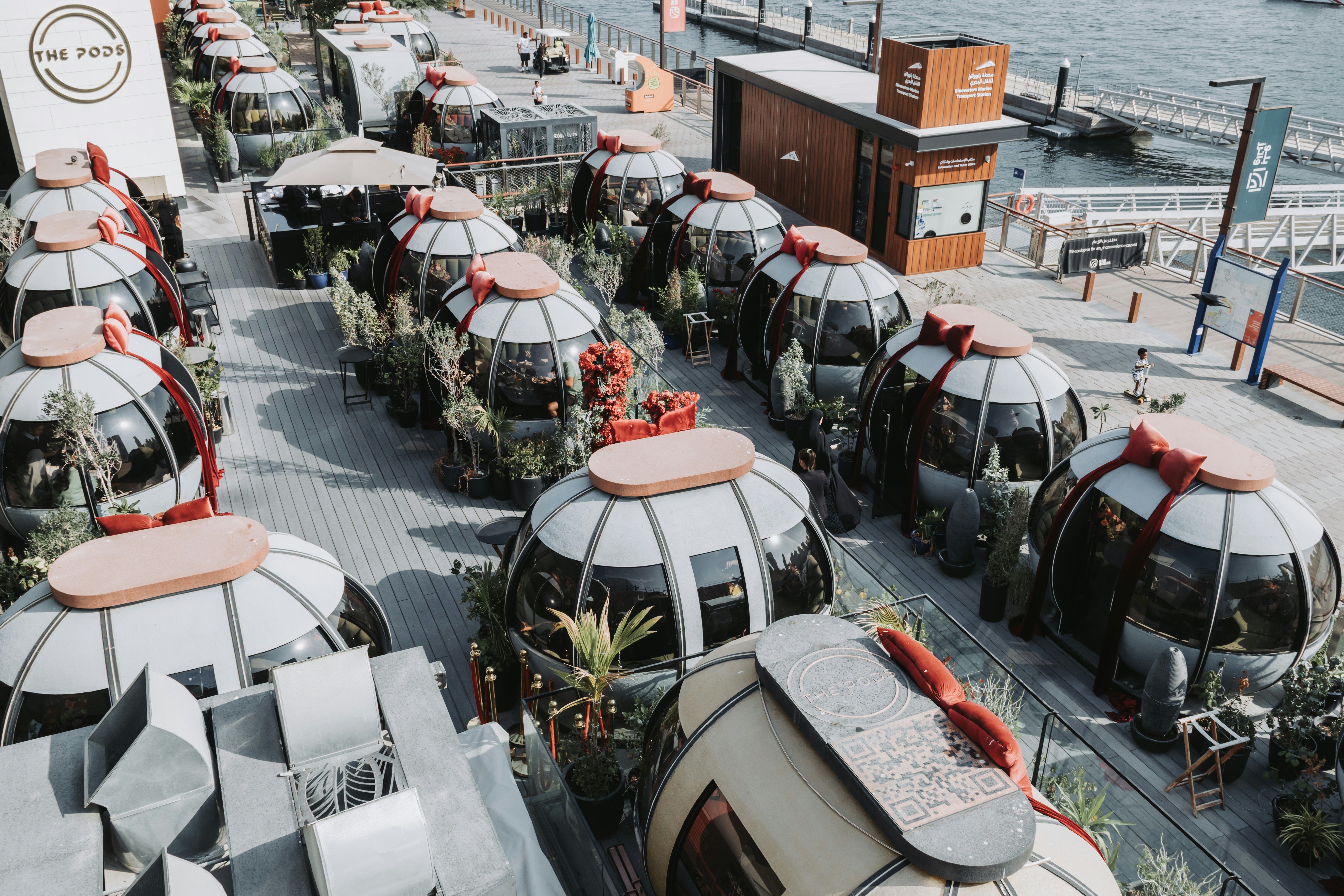 Reihen von Außen-Esspods mit Pflanzen und Pflanzen