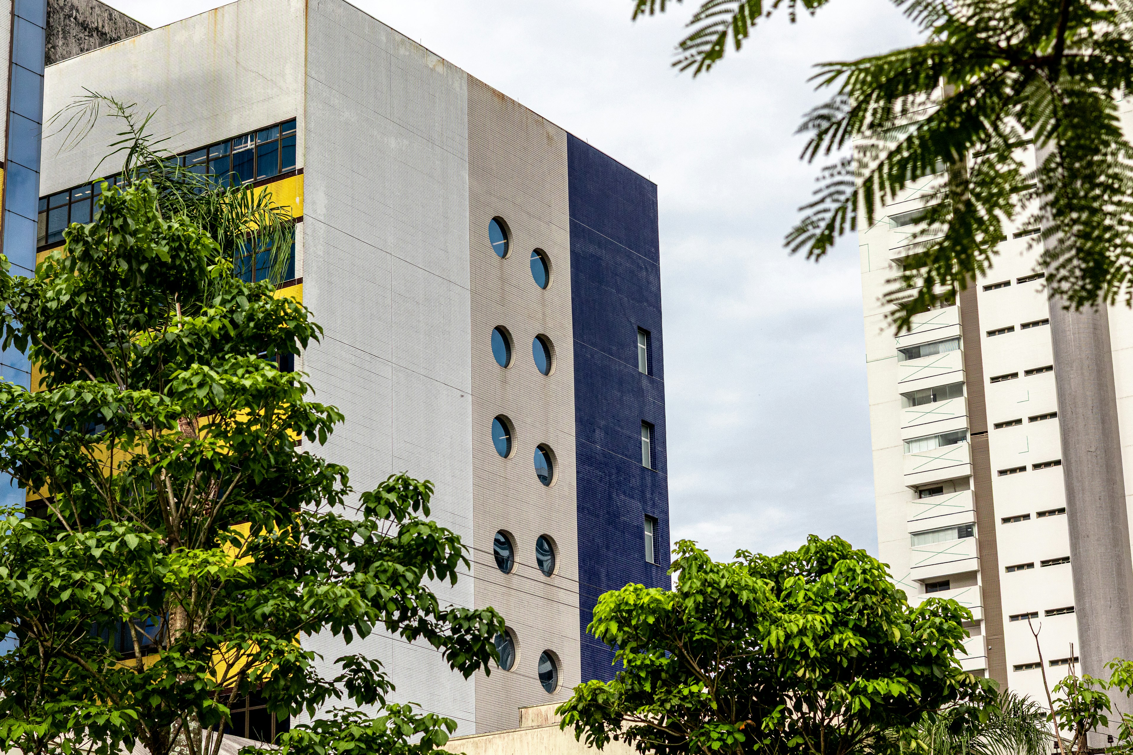 Modern buildings with trees and cloudy sky