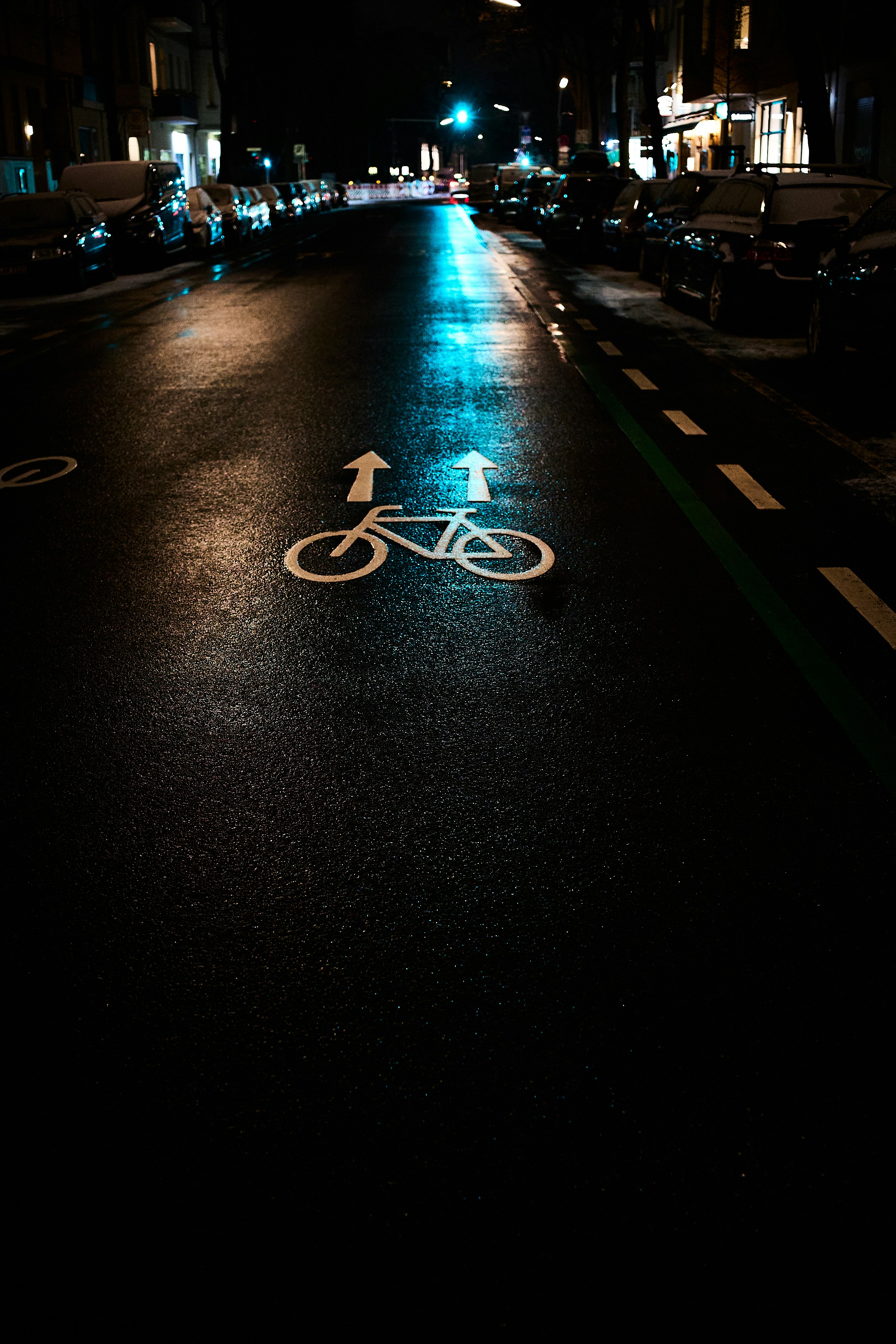 Wet city street with bicycle lane at night