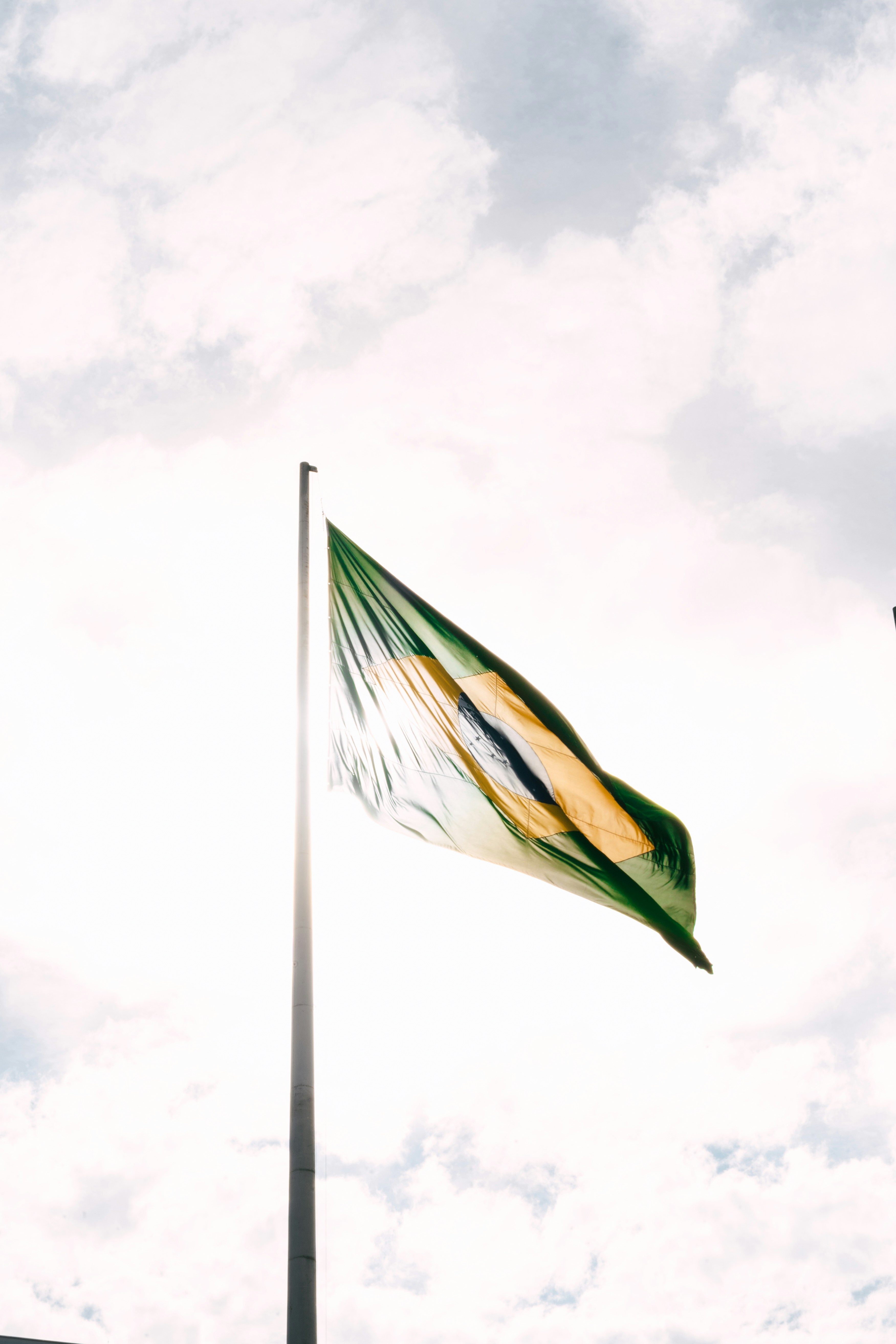 Eine grün-gelbe Fahne, die gegen einen wolkigen Himmel weht