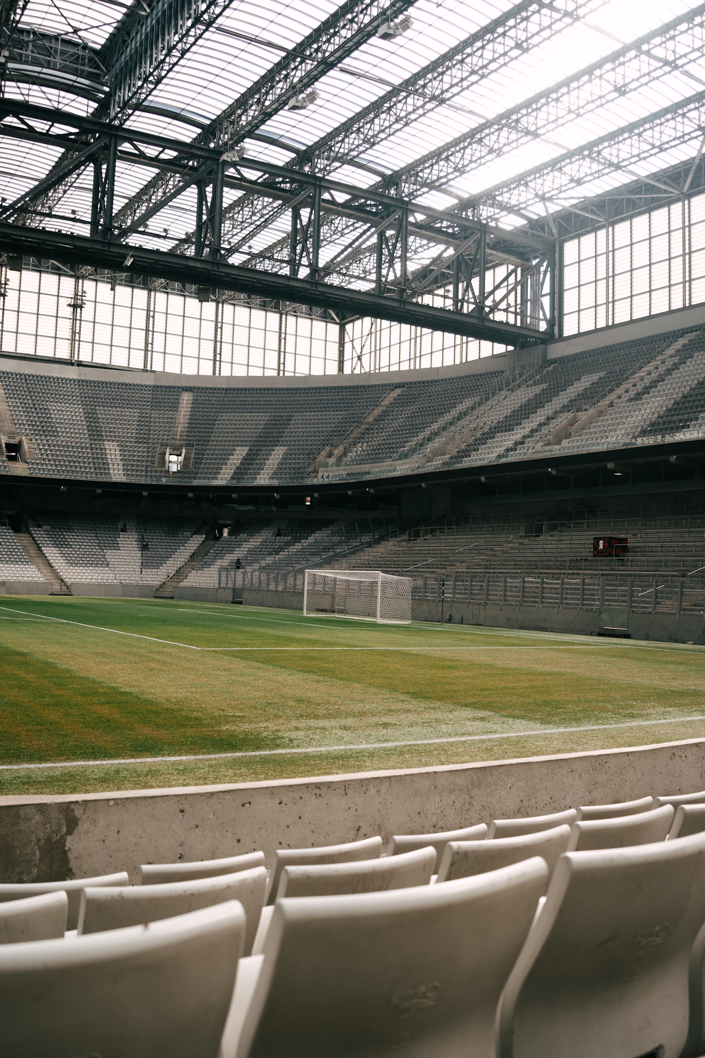 An empty stadium with a goal