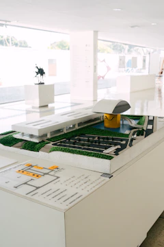 Architectural model of a modern building with landscaping