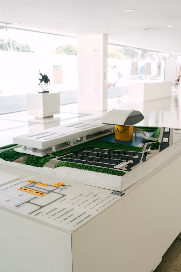 Architectural model of a modern building with landscaping