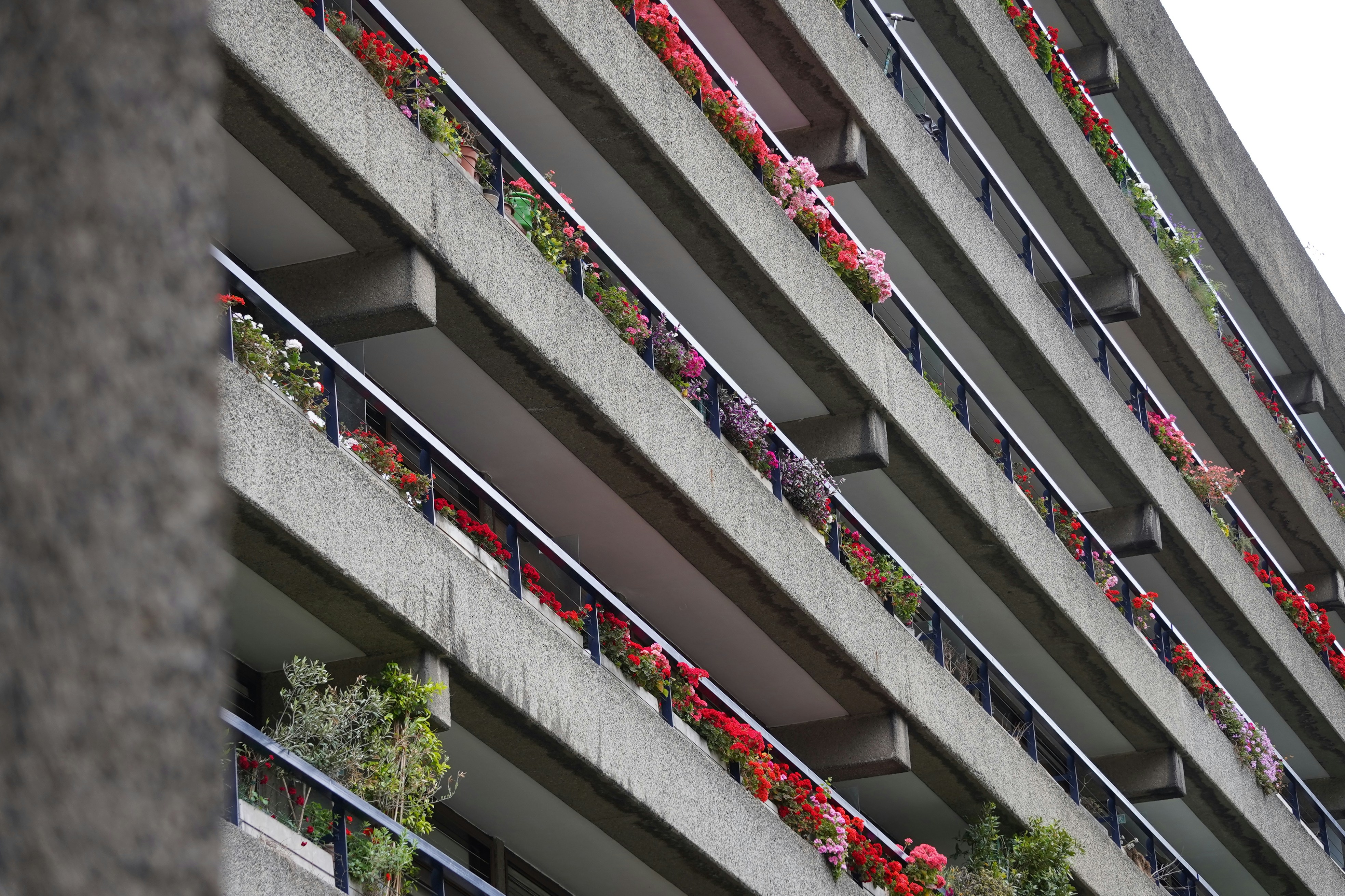Concrete building balconies with colorful flowers