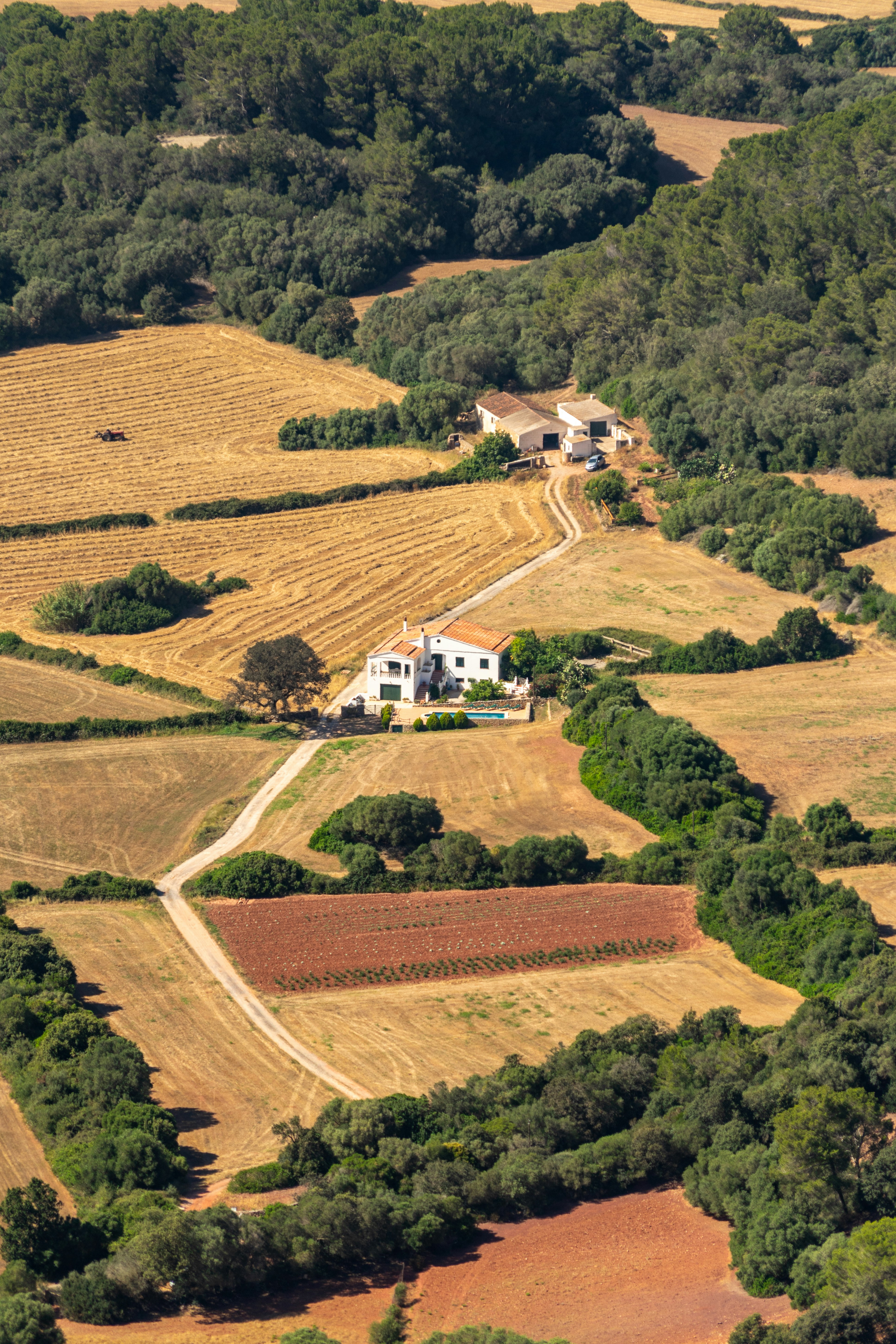 Rural landscape with white houses and fields