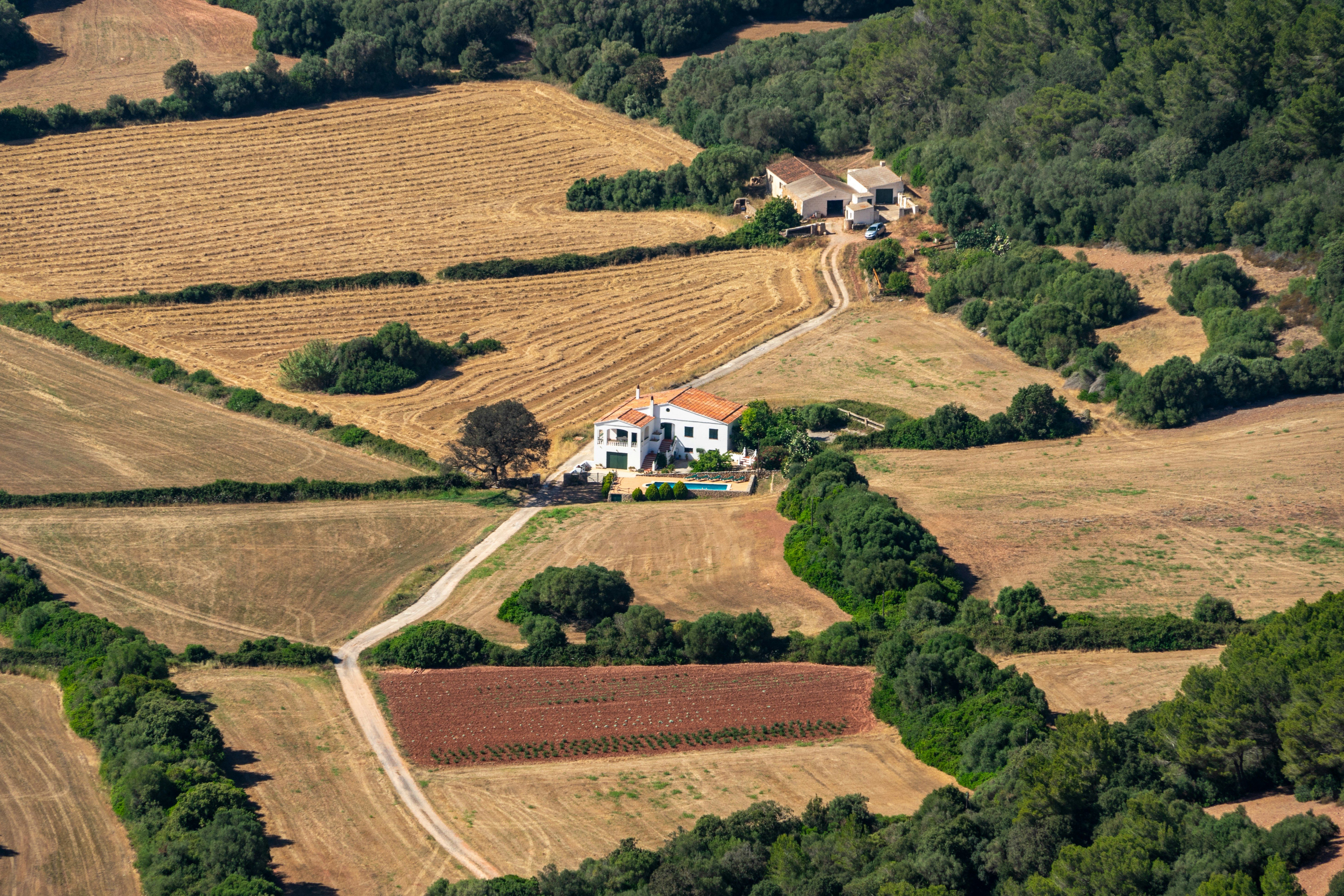White farmhouse surrounded by cultivated fields and trees.