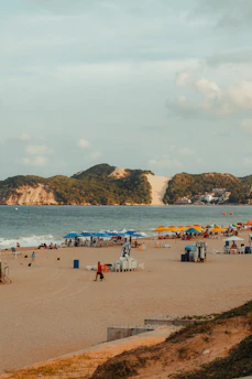 People enjoying a sunny day at a crowded beach.
