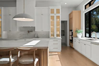 Modern white kitchen with island and large window