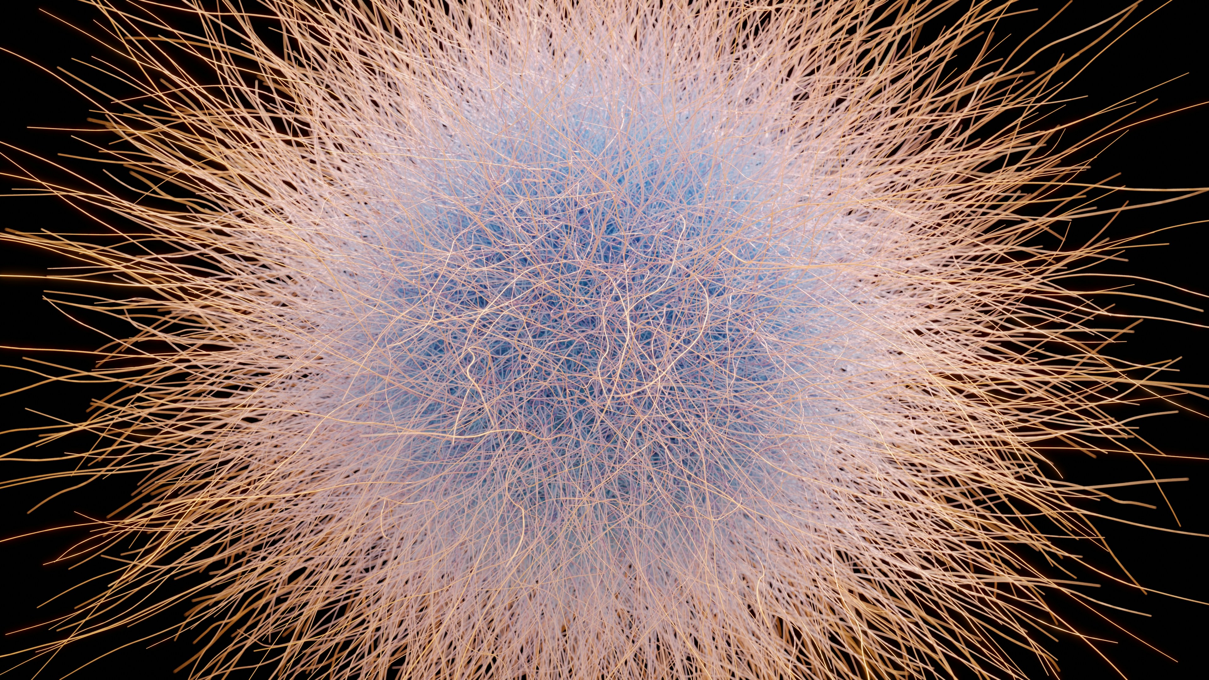 青い中心と黄金色の光線を持つ抽象的なぼんやりとした球体