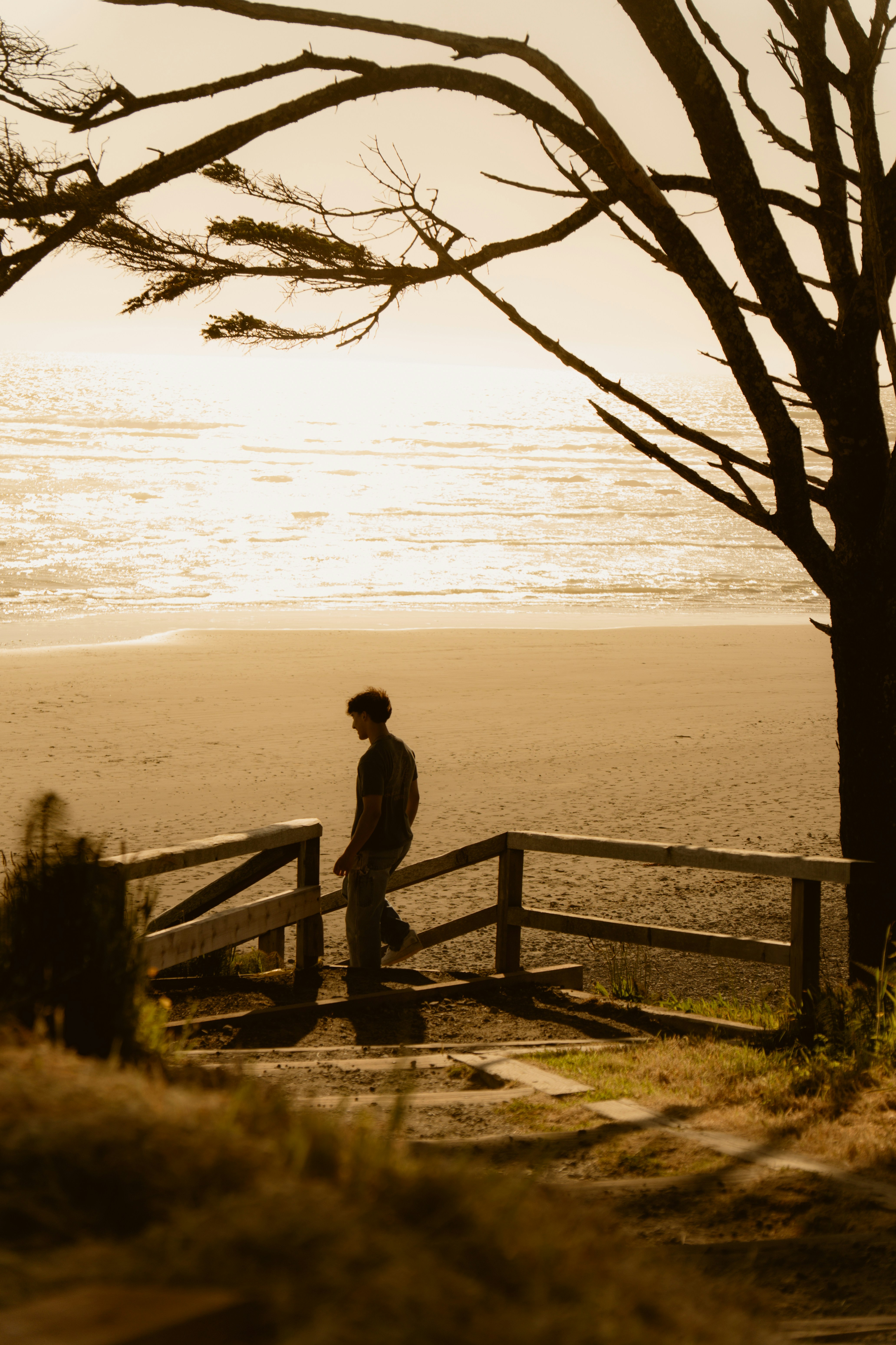 Man walking down stairs to a beach at sunset