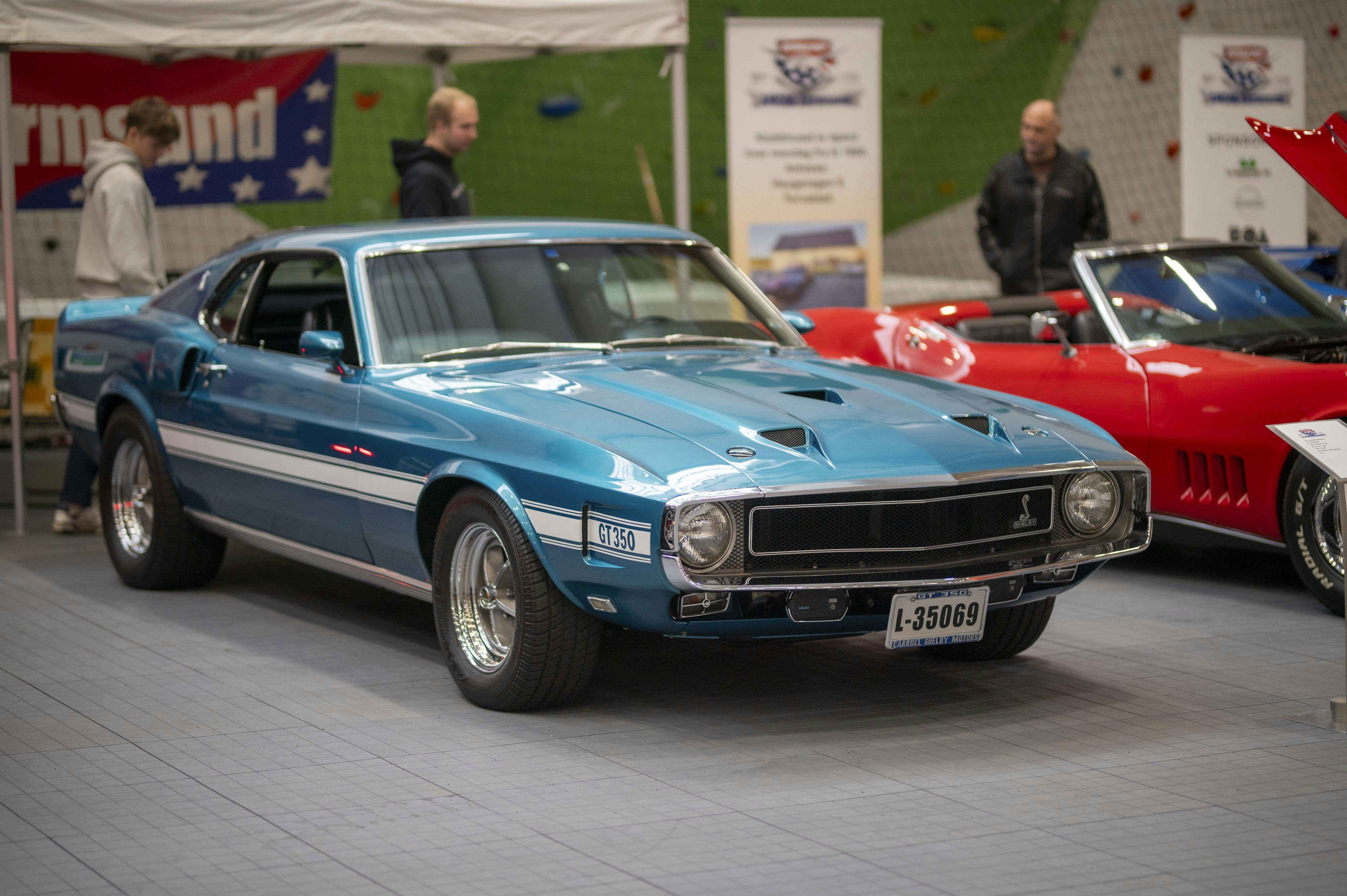 A classic blue ford mustang shelby gt500