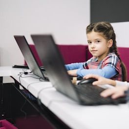 Young girl with braided hair using a laptop computer
