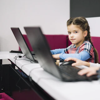 Young girl with braided hair using a laptop computer