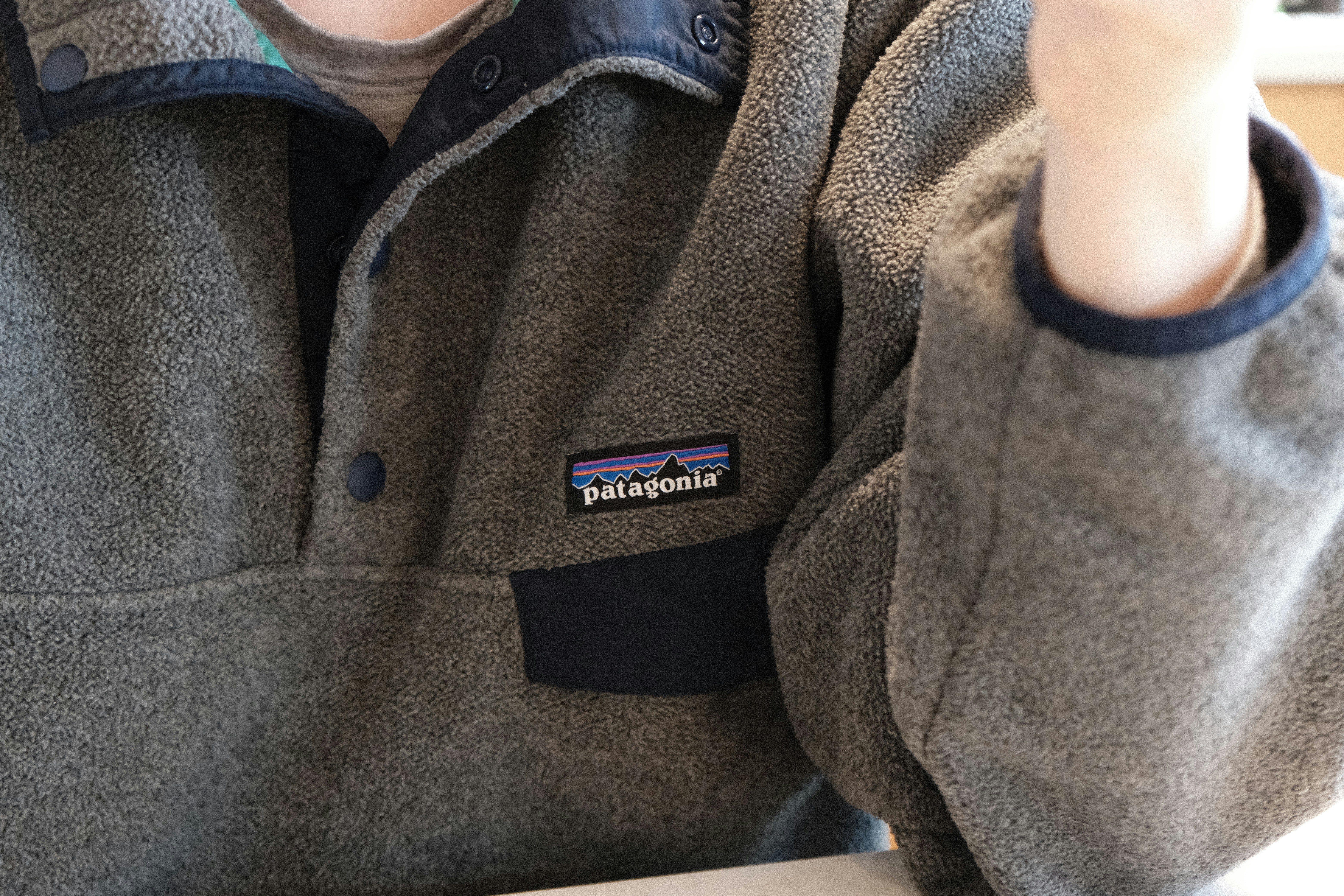 Close-up of a grey fleece jacket with patagonia logo