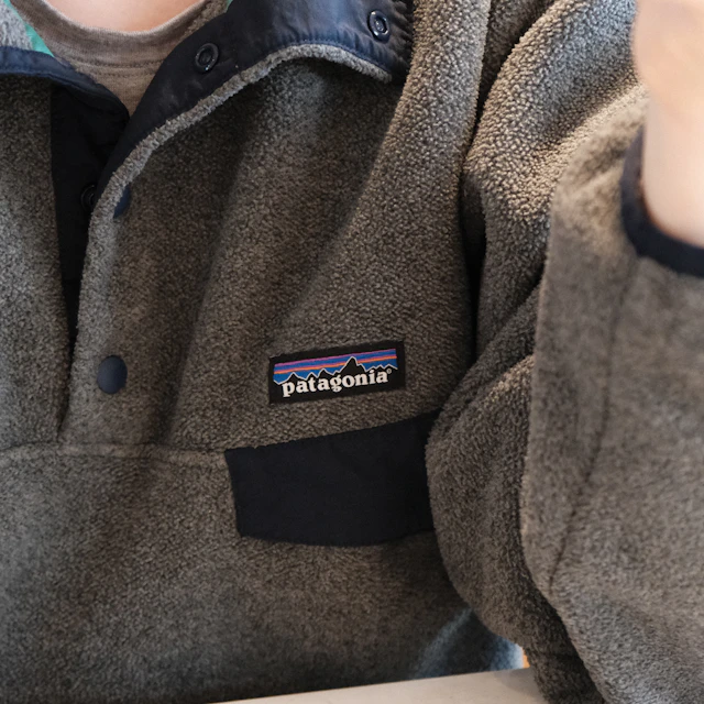 Close-up of a grey fleece jacket with the Patagonia logo