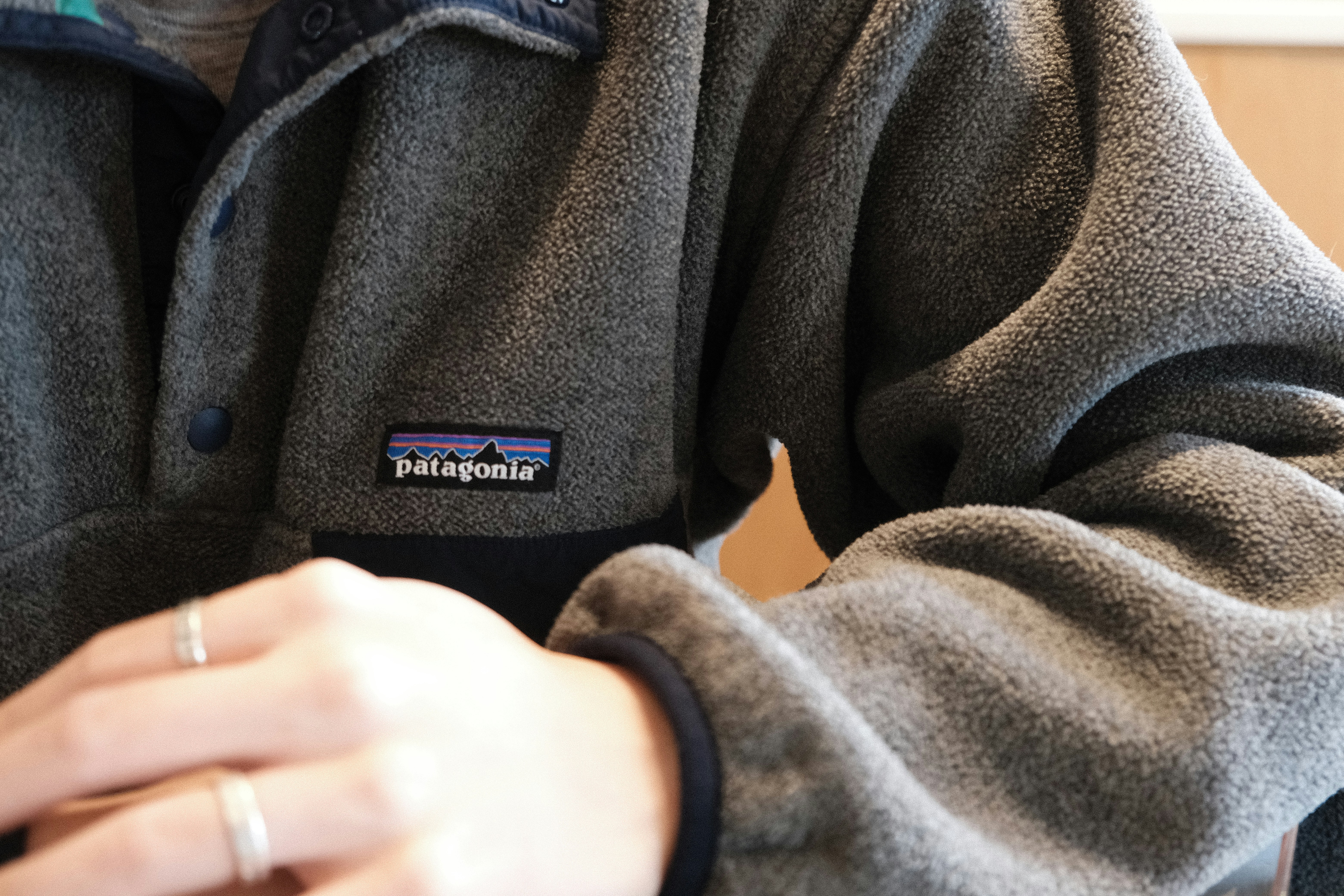 Person wearing a gray patagonia fleece pullover