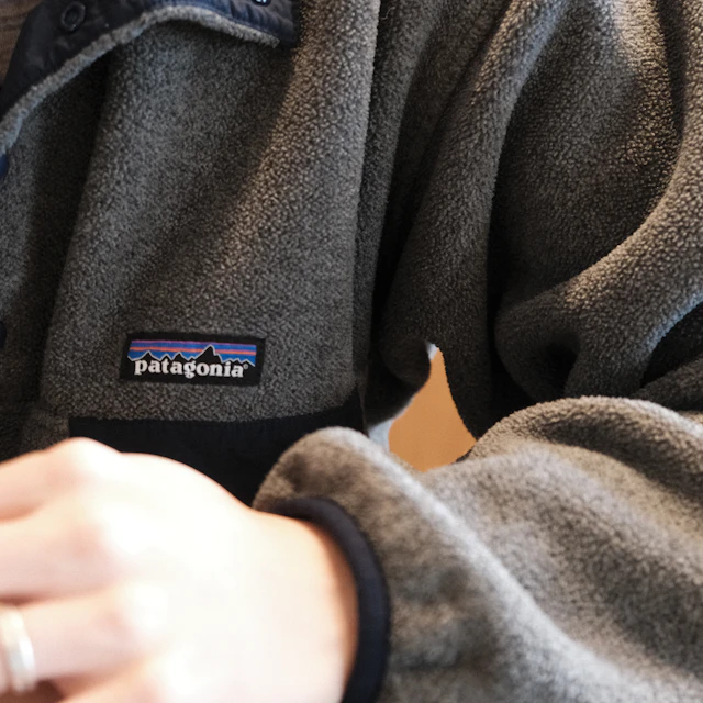A person wearing a gray Patagonia fleece pullover