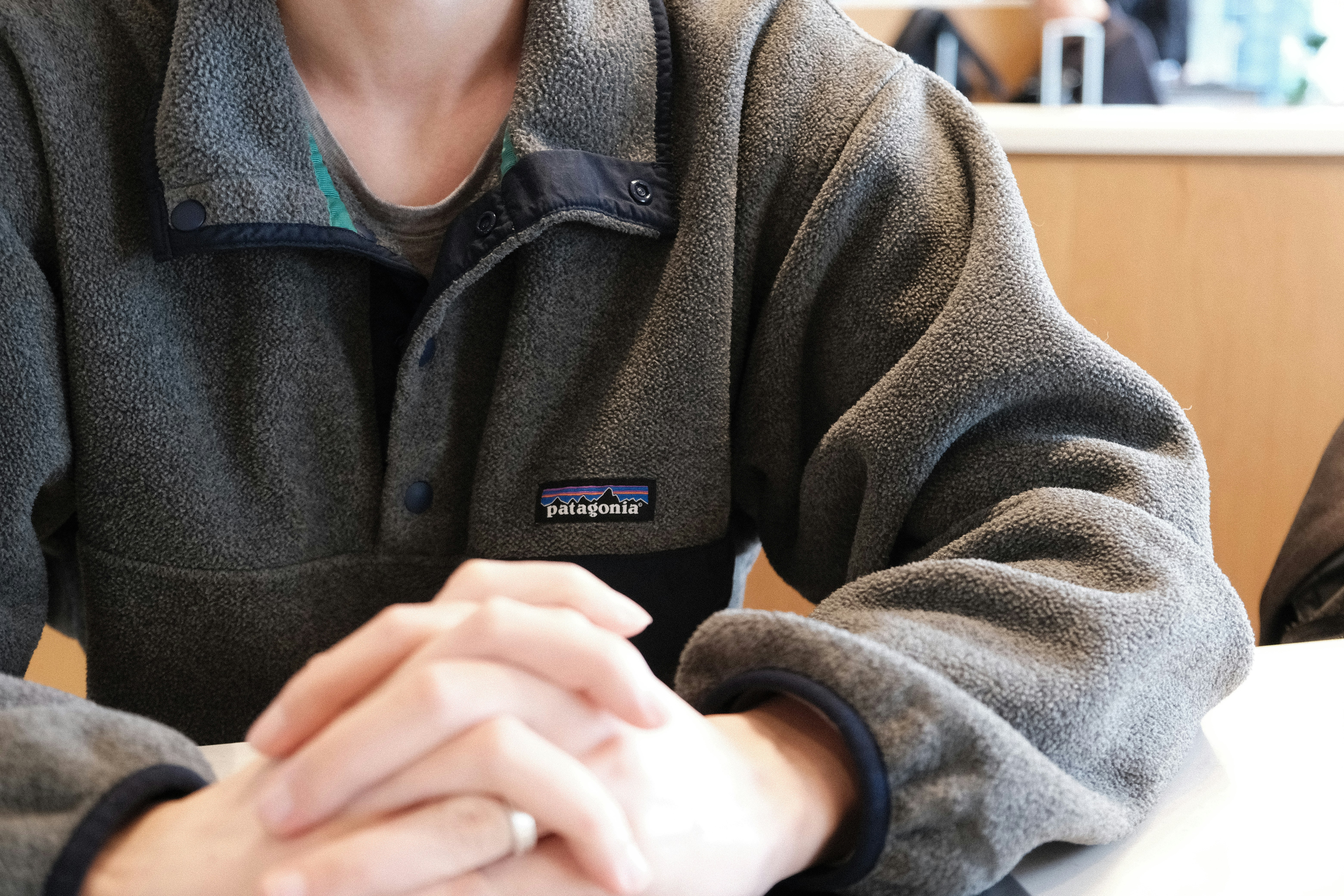 Person wearing a gray patagonia fleece jacket