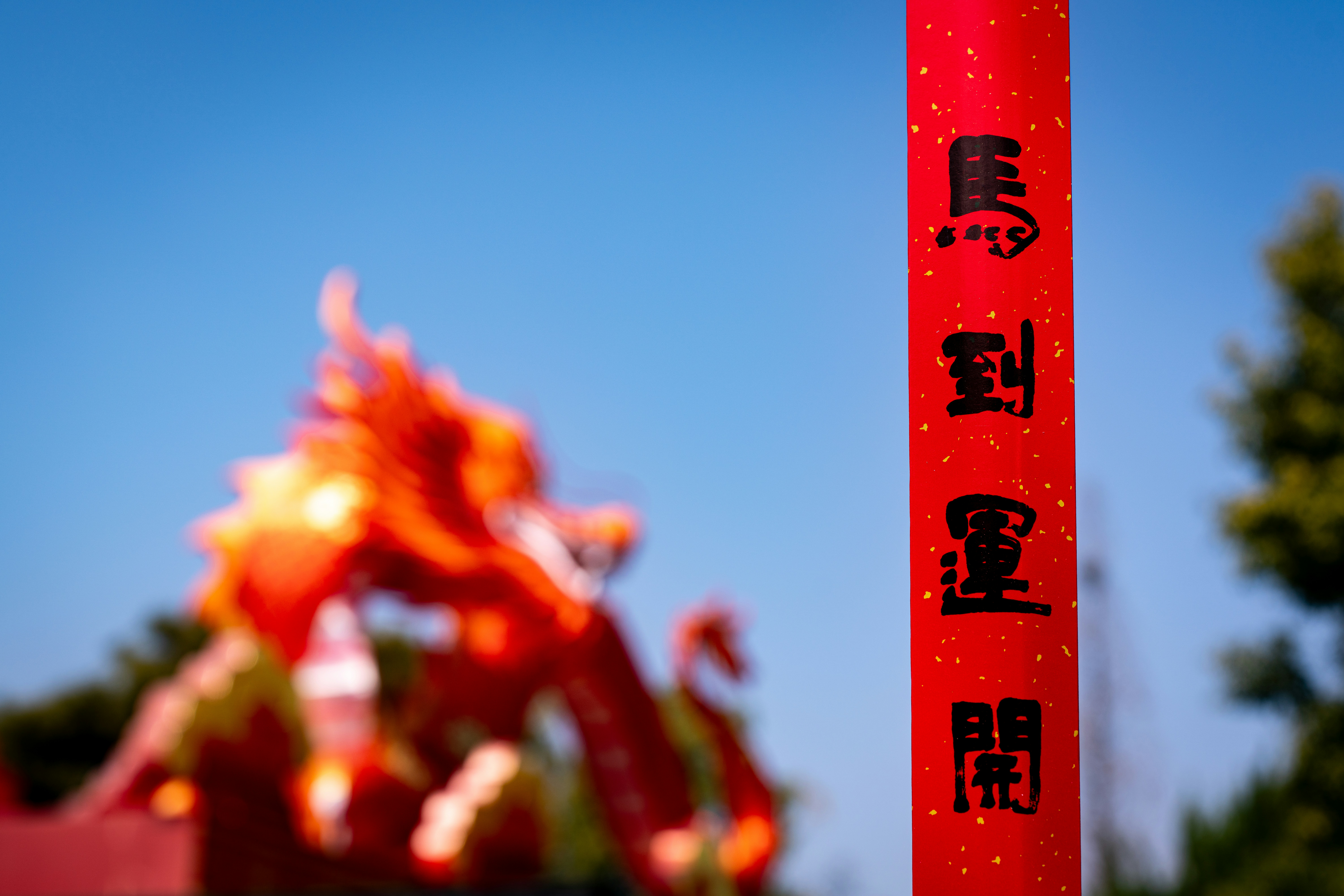 Rotes Banner mit chinesischen Zeichen und Drachendekoration