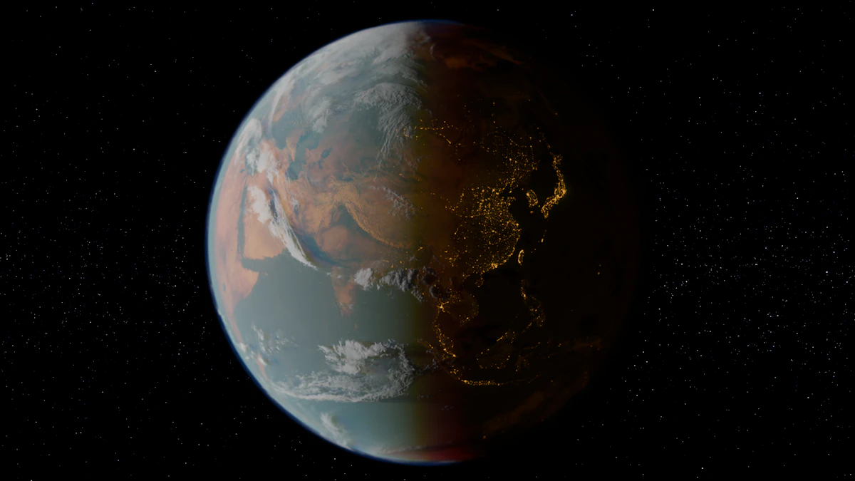 Earth seen from space, half in daylight and half at night