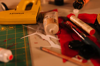 Art supplies including paint tubes and a stapler.