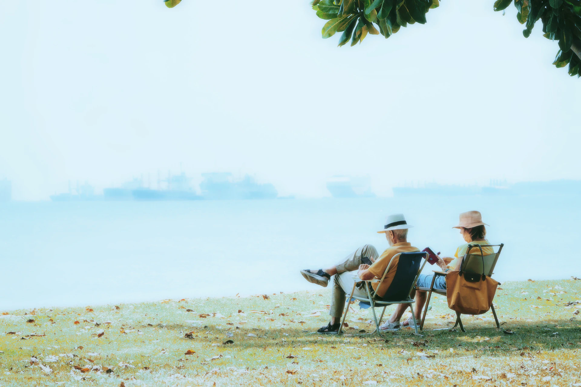 Elderly couple relaxing by the ocean.