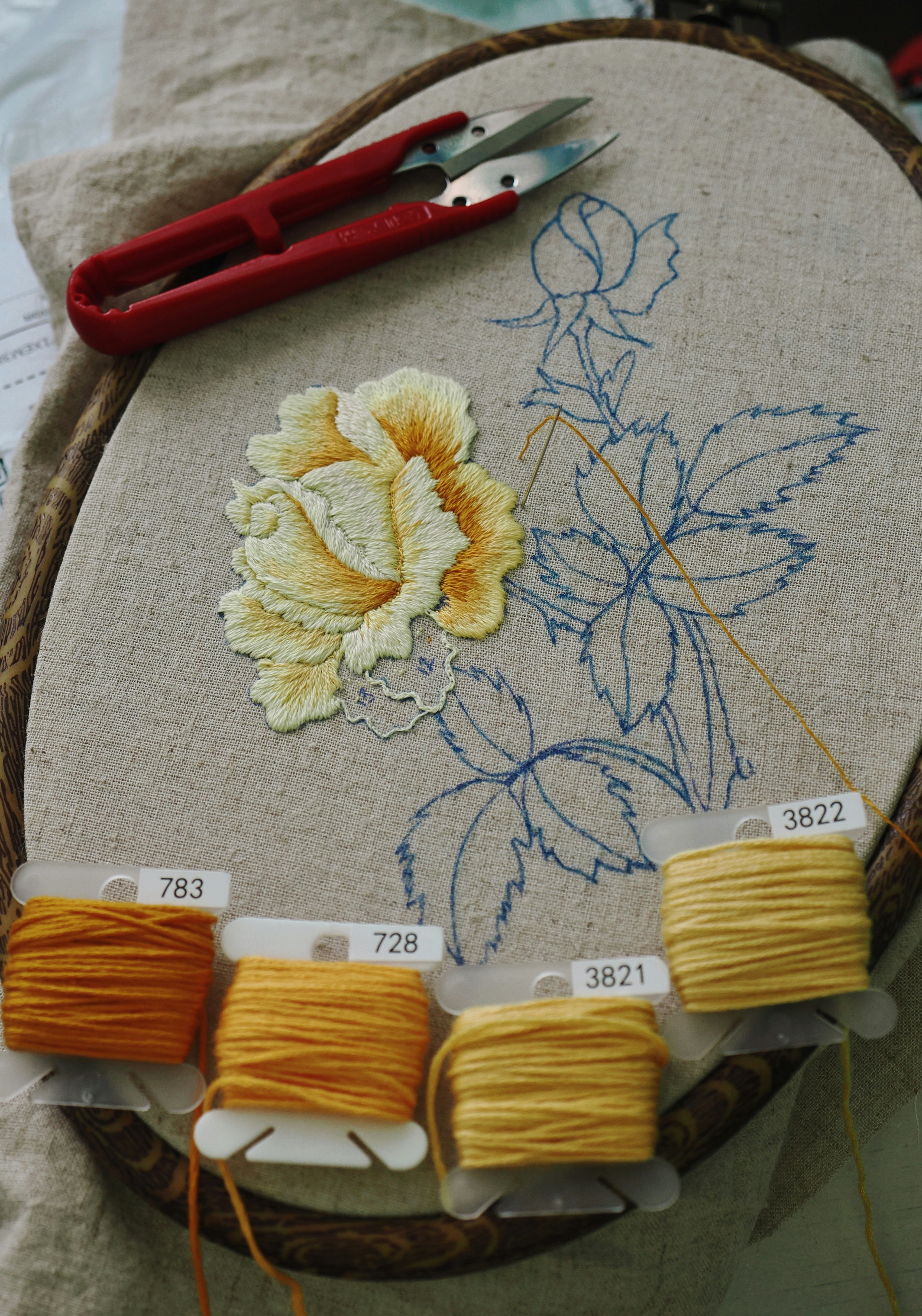 Embroidery hoop showing yellow roses worked in satin and long-and-short stitch, demonstrating the layered thread technique that creates depth and three-dimensional form in hand embroidery