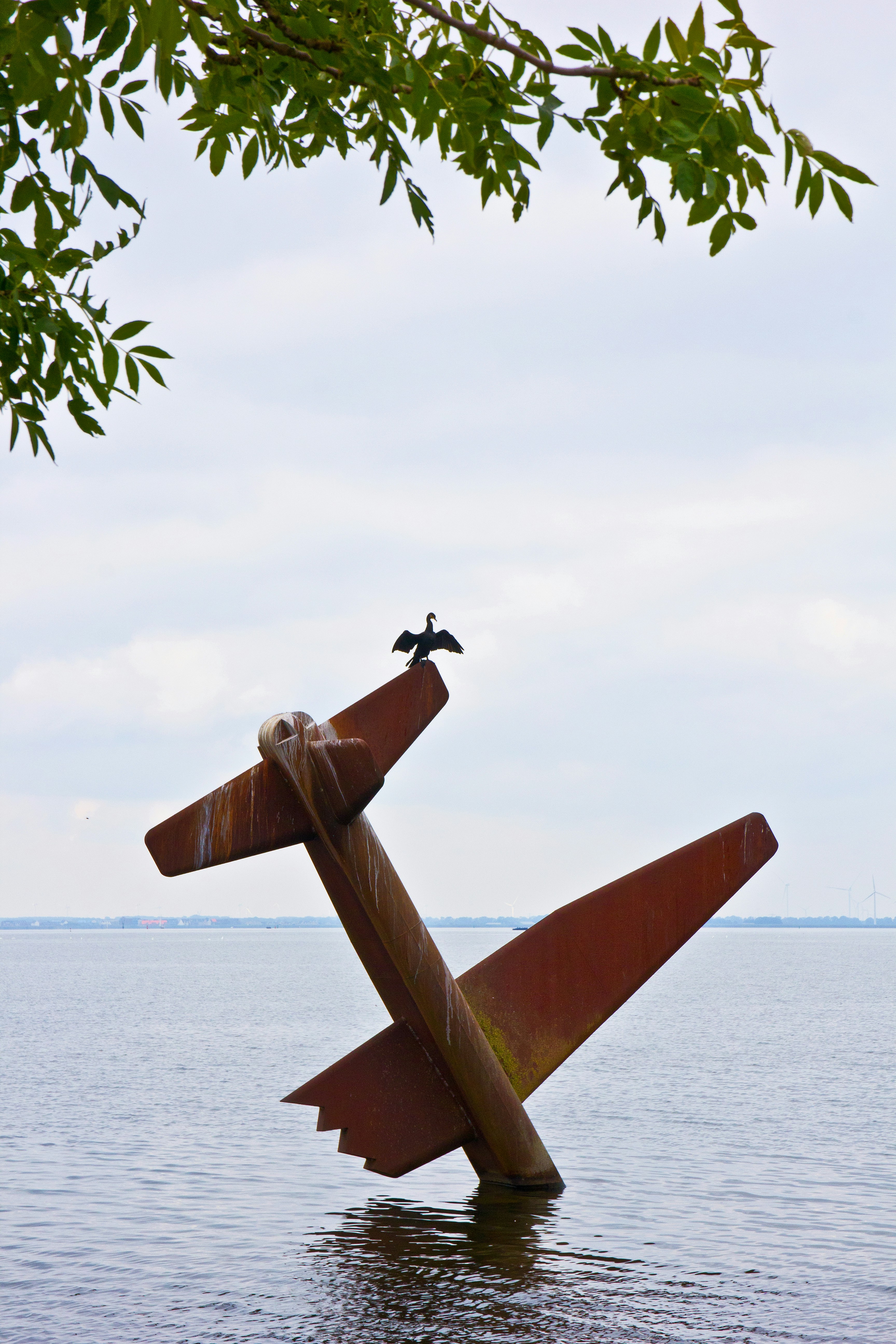 Rusty airplane sculpture in water with bird
