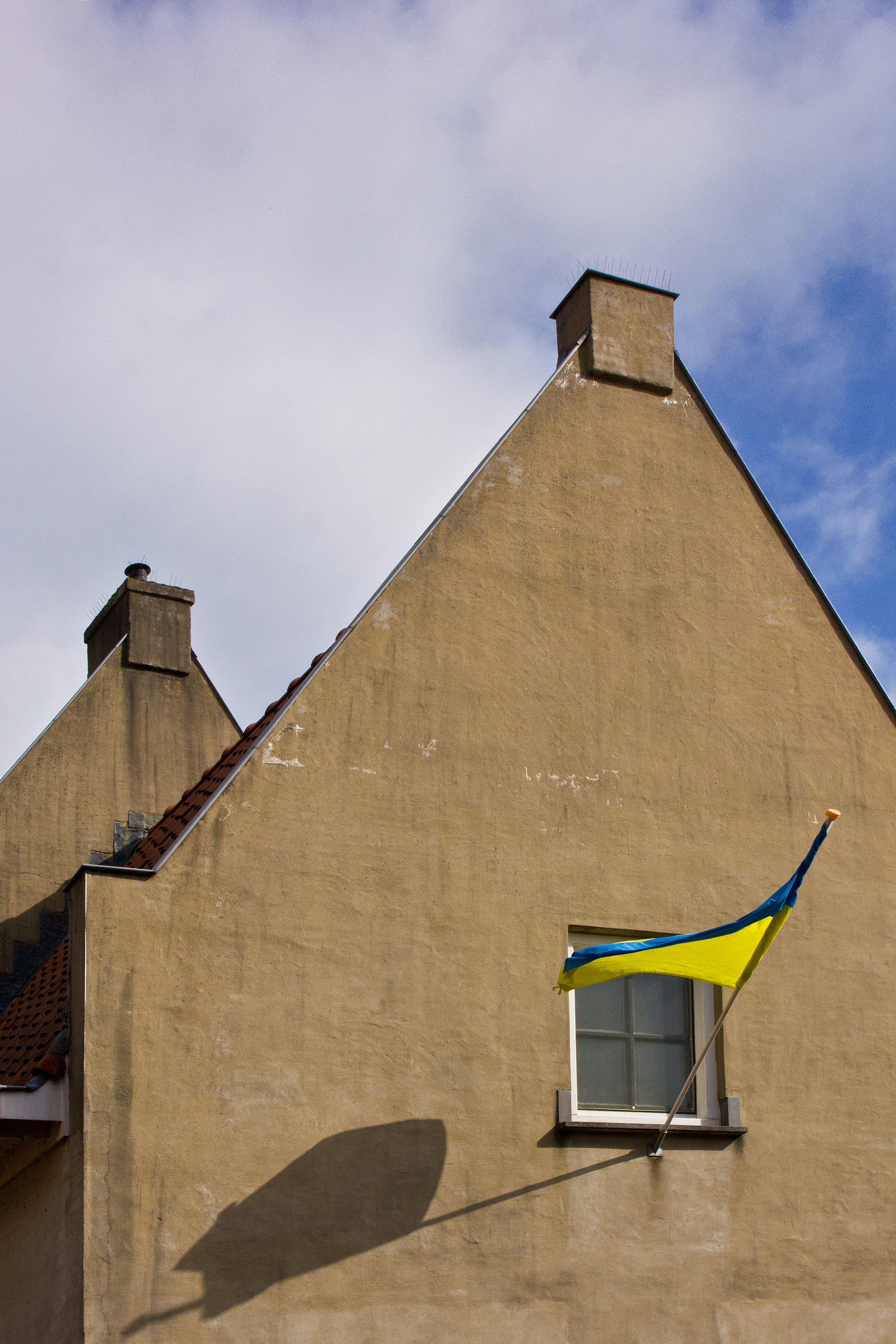 A yellow and blue flag flies from a window.