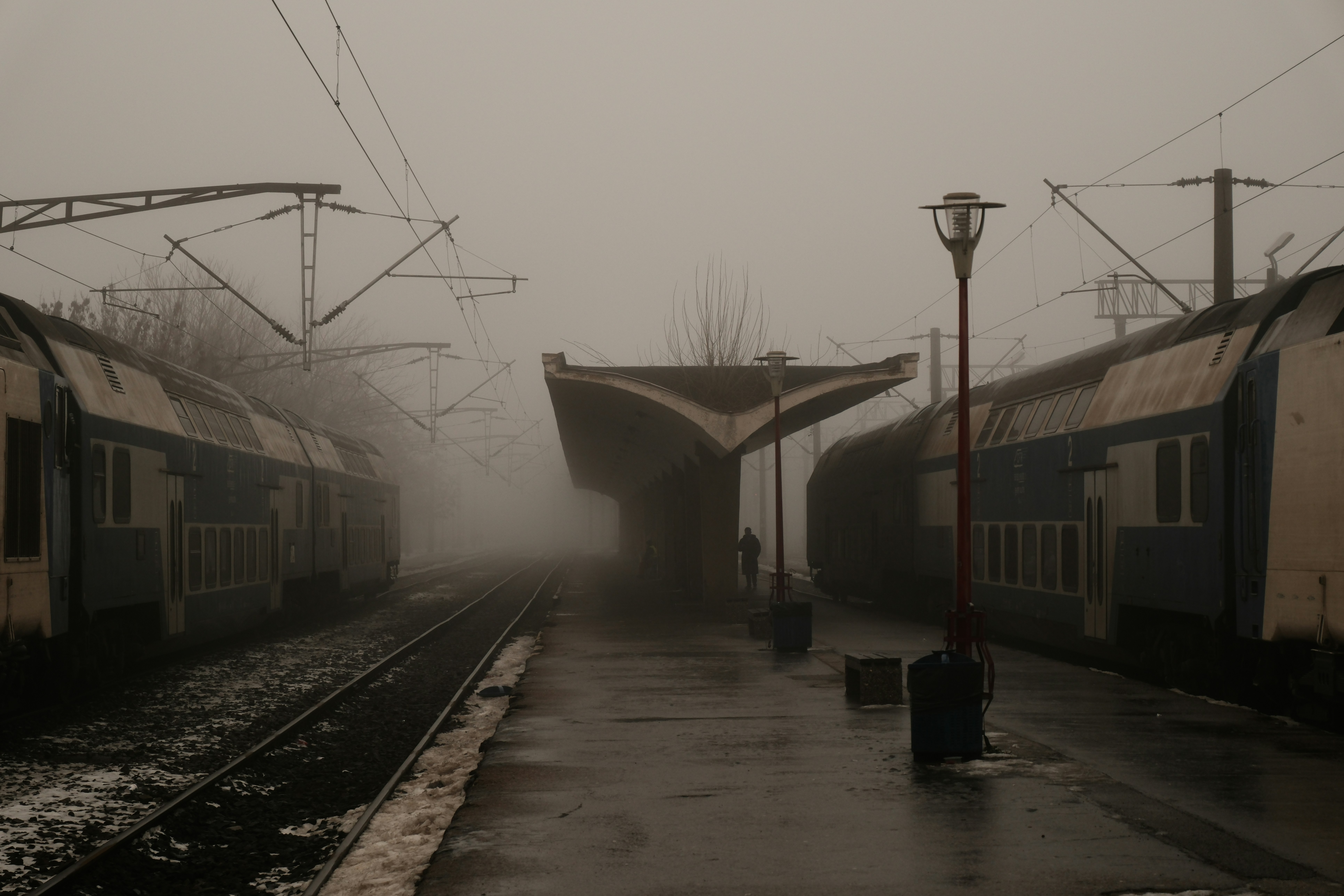 Dos trenes en un andén de estación con niebla.