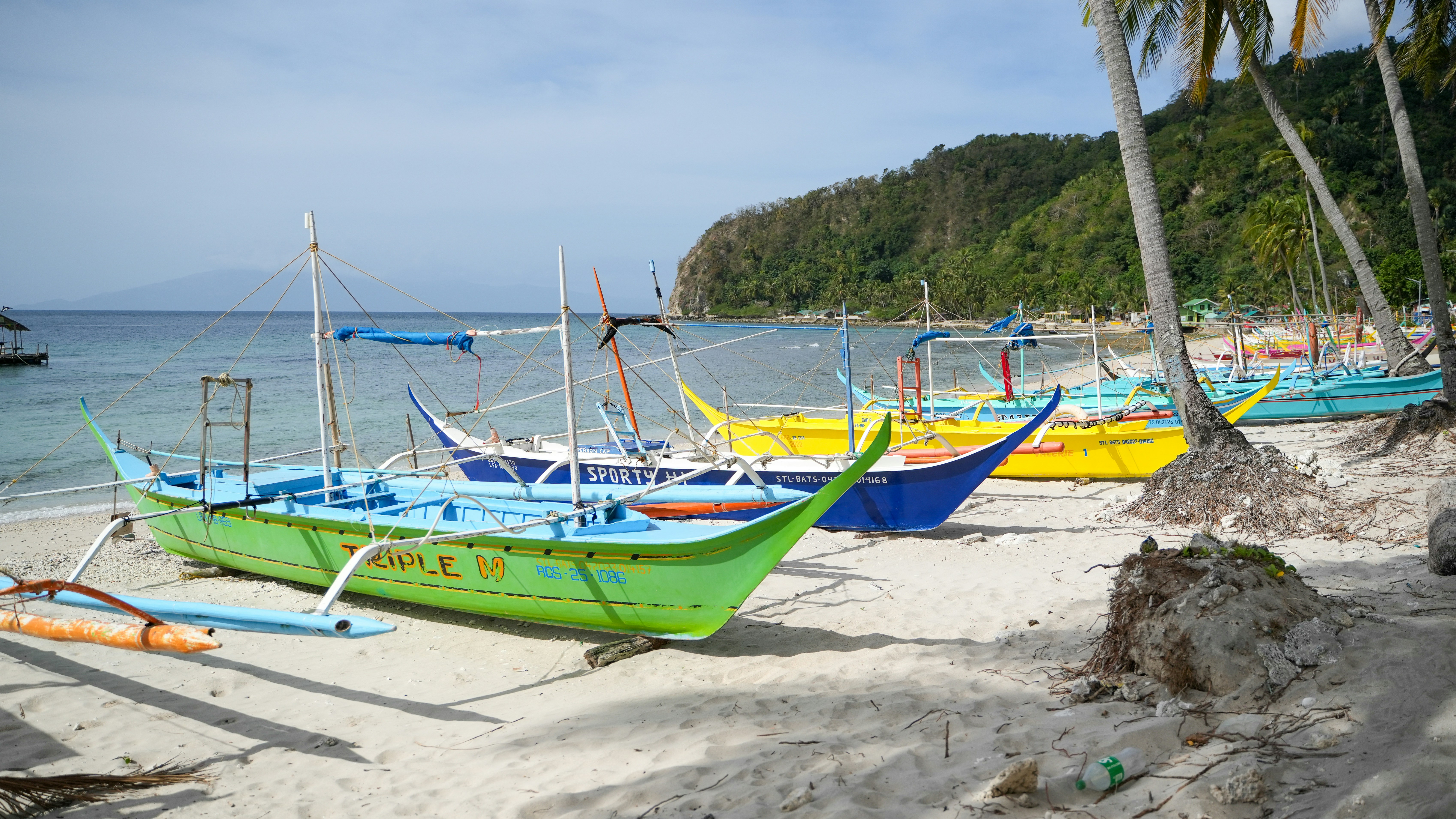 Colorful outrigger boats rest on a sandy beach.