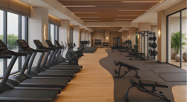 Modern gym with treadmills and weight machines.
