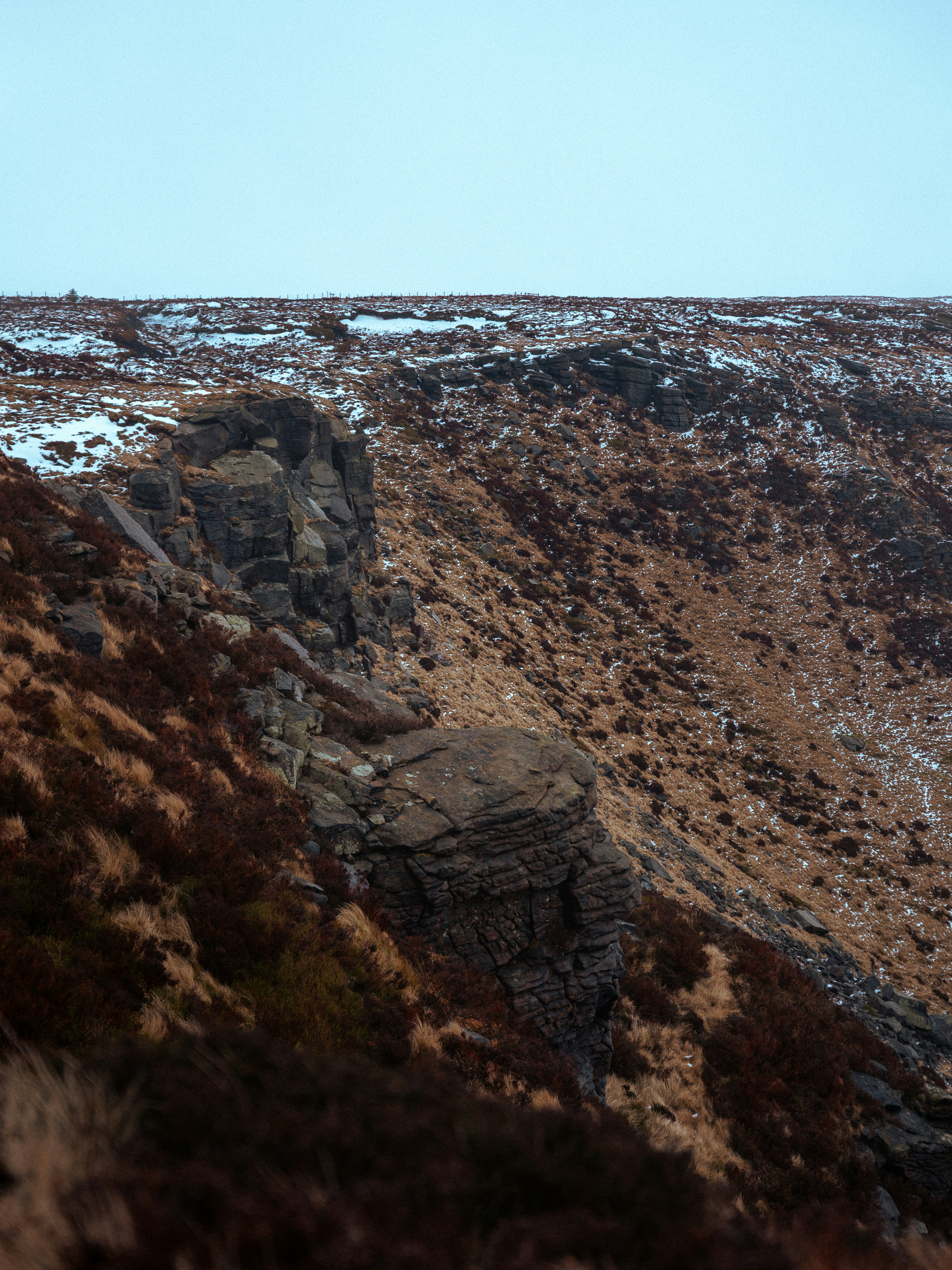 Rocky cliffside with sparse snow and dry vegetation