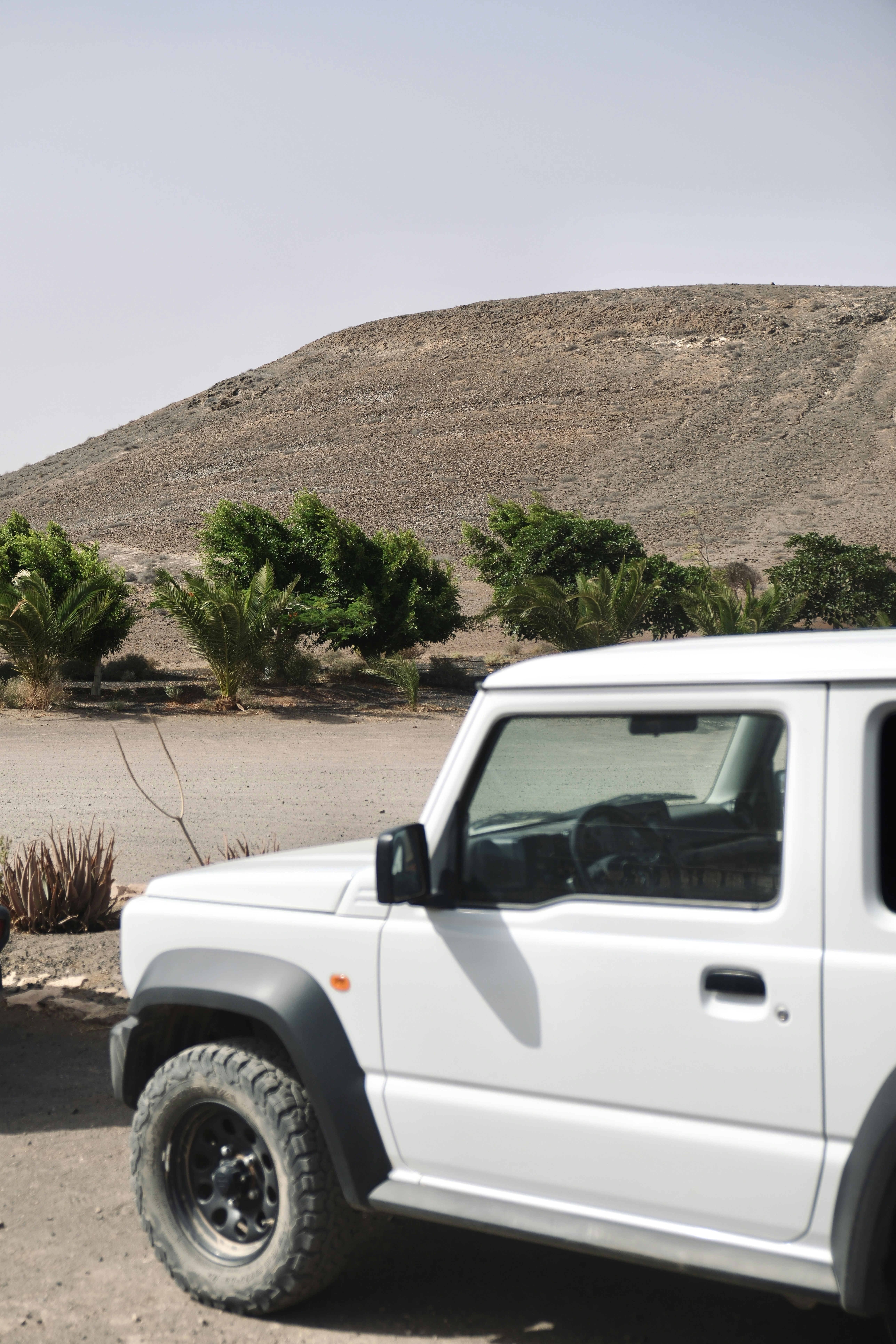 White off-road vehicle parked in a dry, arid landscape.