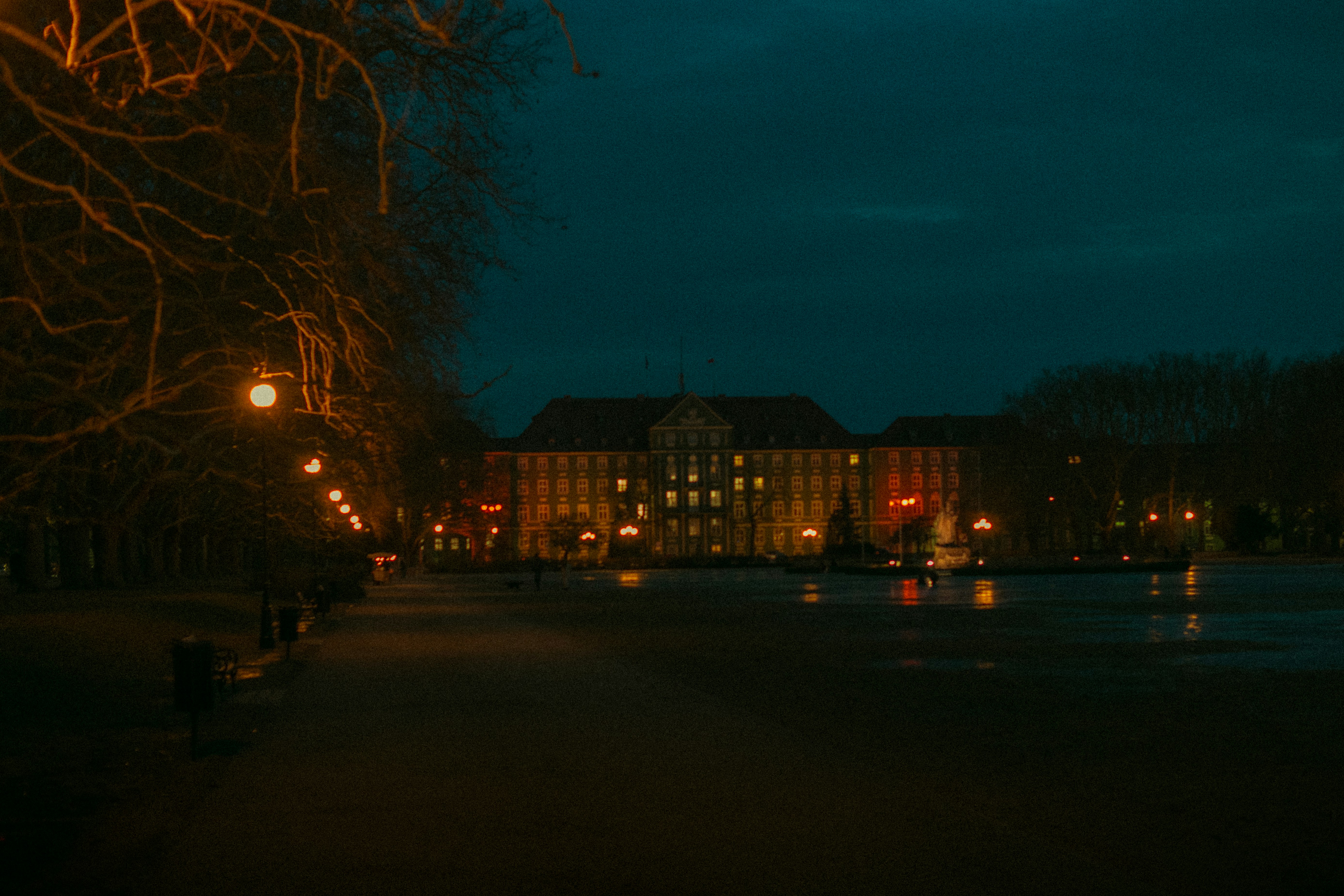 Building illuminated at night with trees and streetlights