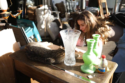 Young woman and cat among cluttered items