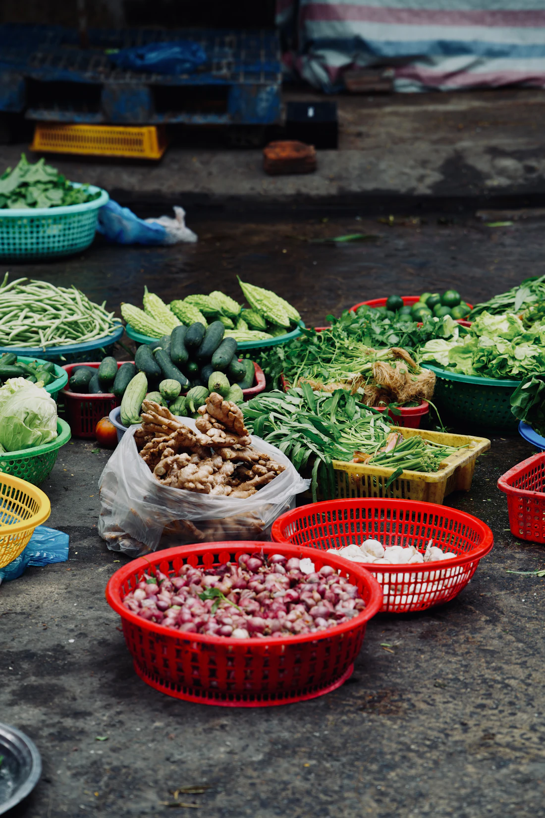 Fresh vegetables displayed at a produce market