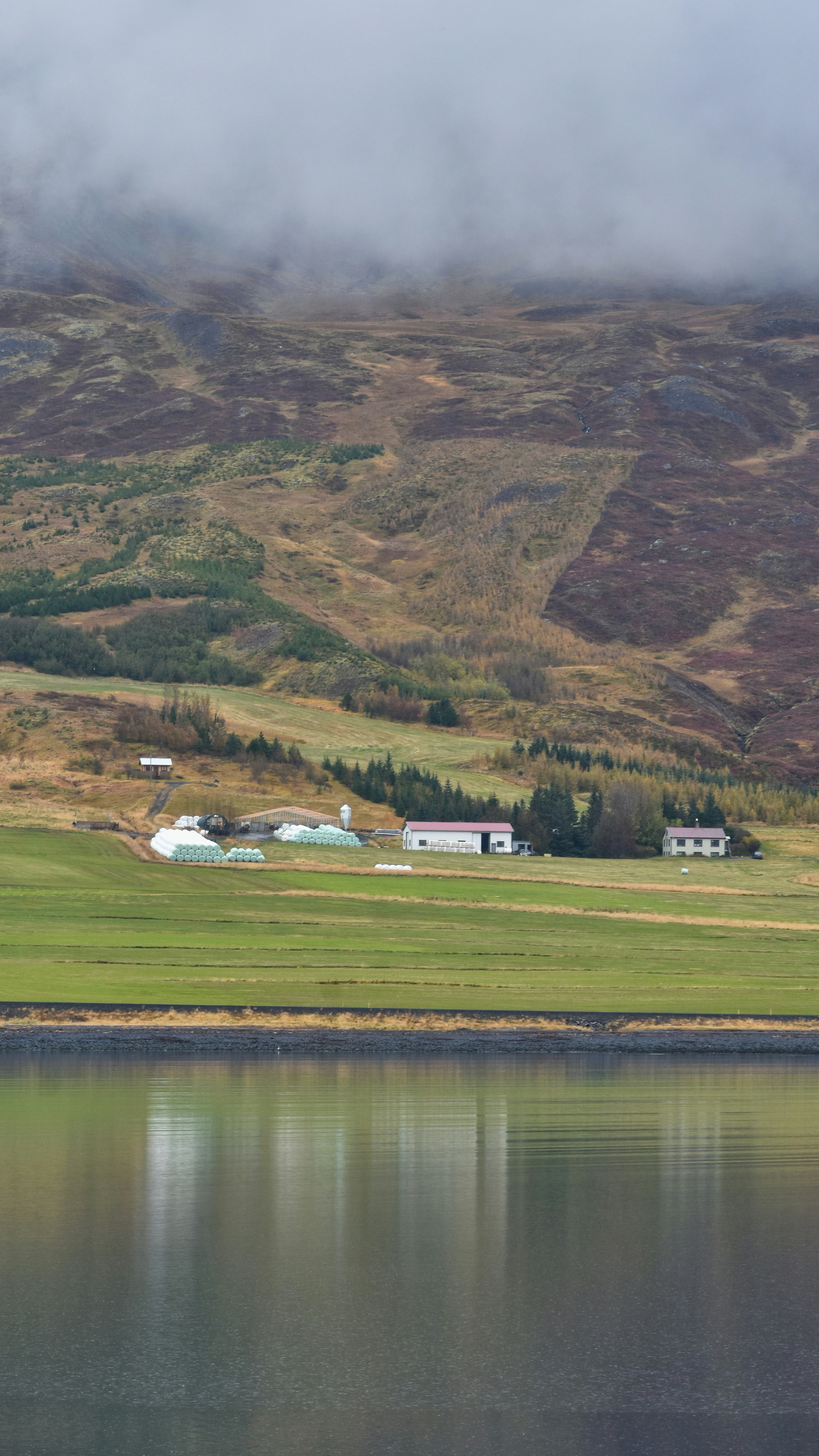 Bauernhofgebäude auf grünem Feld in der Nähe von Wasser und Bergen