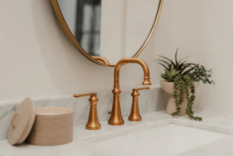 A modern brass faucet with a plant and plant