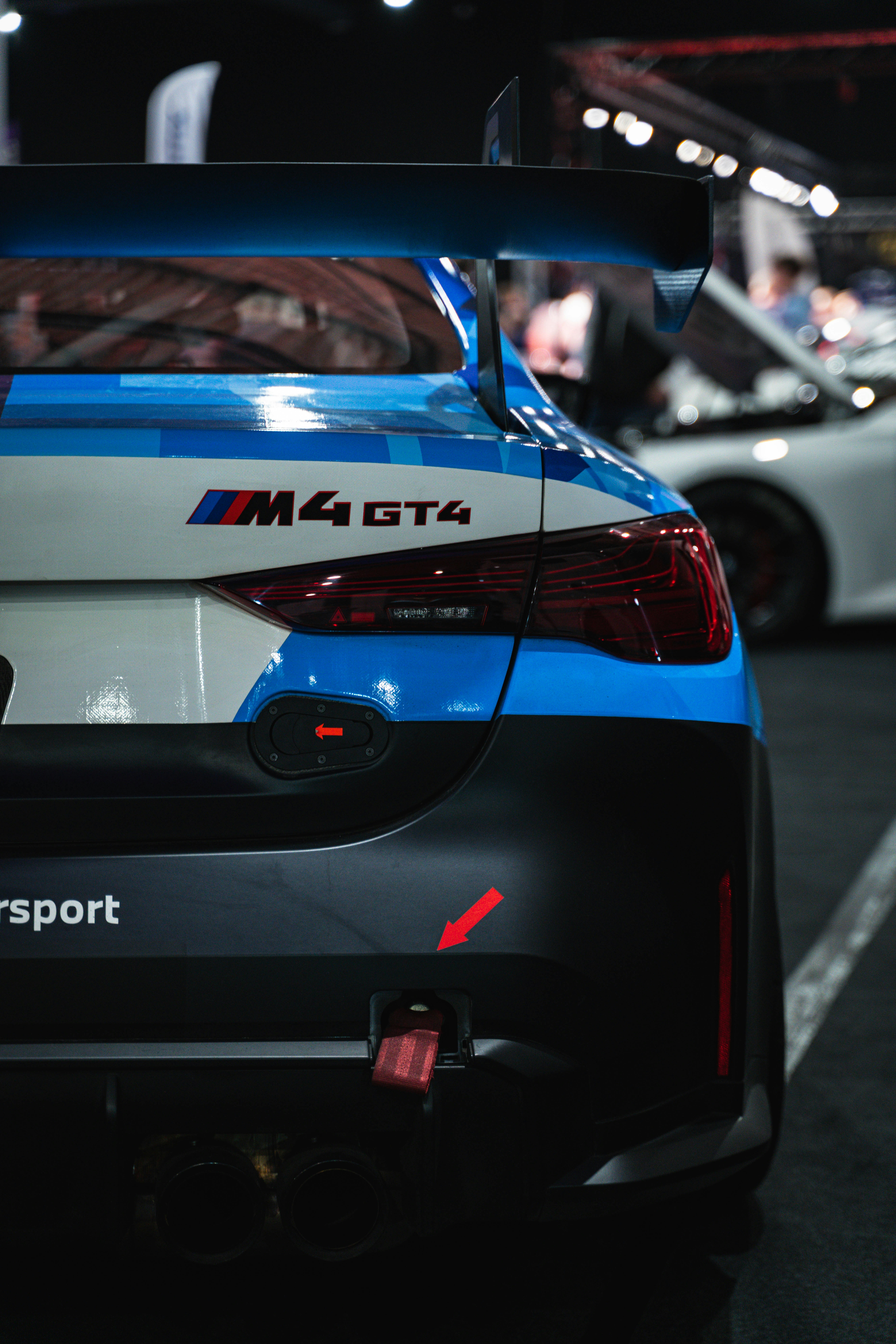 Close-up of a BMW m4 gt4 race car rear